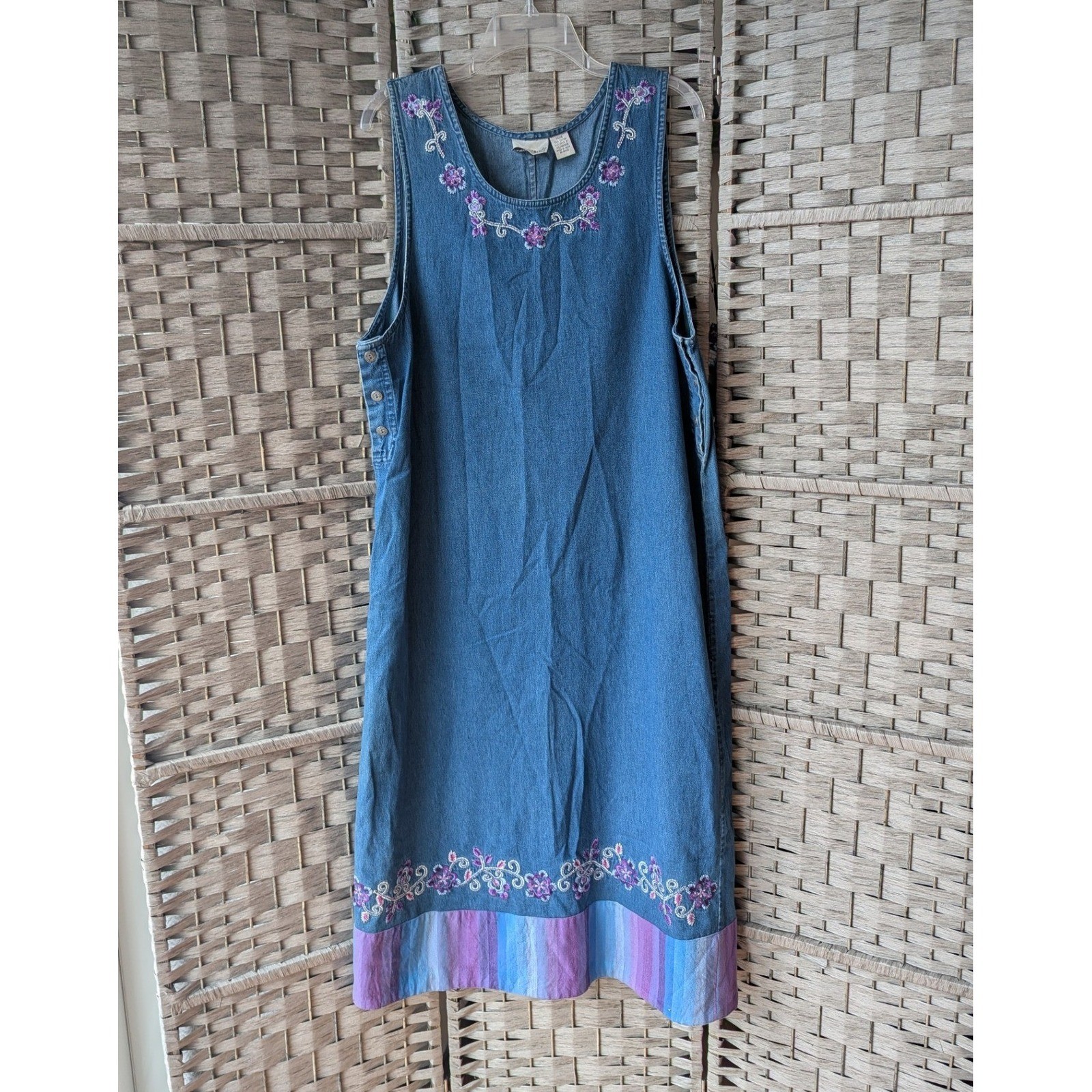 Vtg 90s Denim Jumper Dress Blue Purple Embroidered Floral Sz 14/16 Artsy Boho