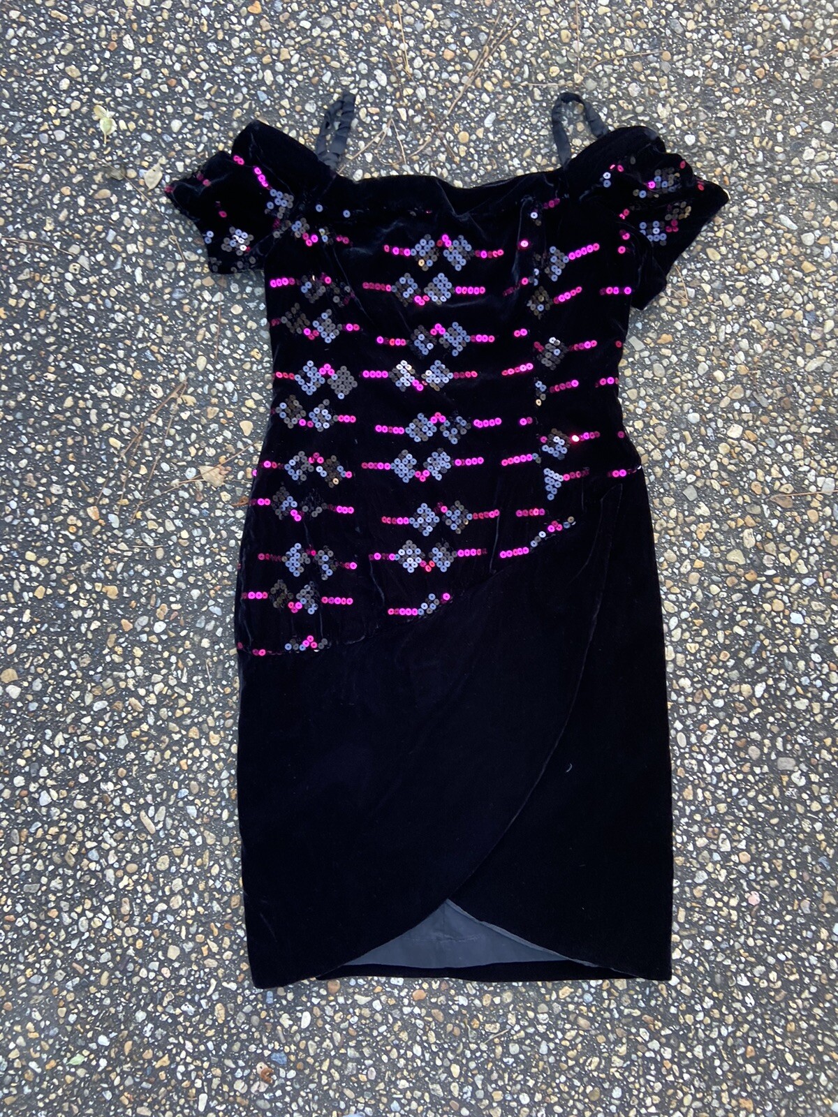 Vtg 1980’s 1990’s Sequin Trim Velvet Fitted Tulip Skirt Off Shoulder Dress 14