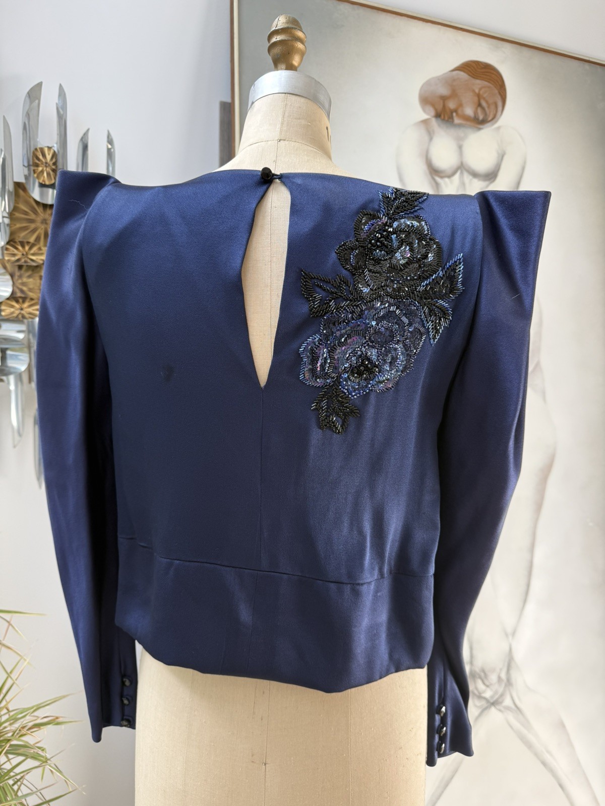 ODICINI Couture Silk Top Vintage 80s Blue Sequin Avant Garde Structured Floral