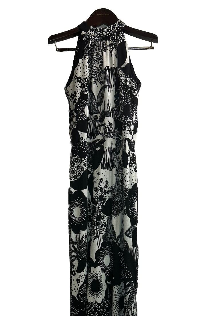 VTG 70s Mr. Frank Original Black & White Union Made Floral Maxi Dress Retro S