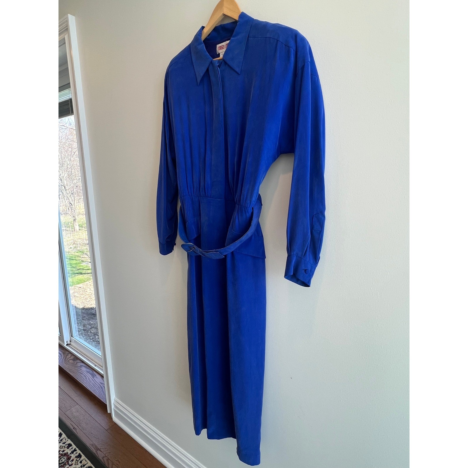 Vintage Maggy London 100% Silk Midi Dress Women 14 Royal Blue Belted Long Sleeve