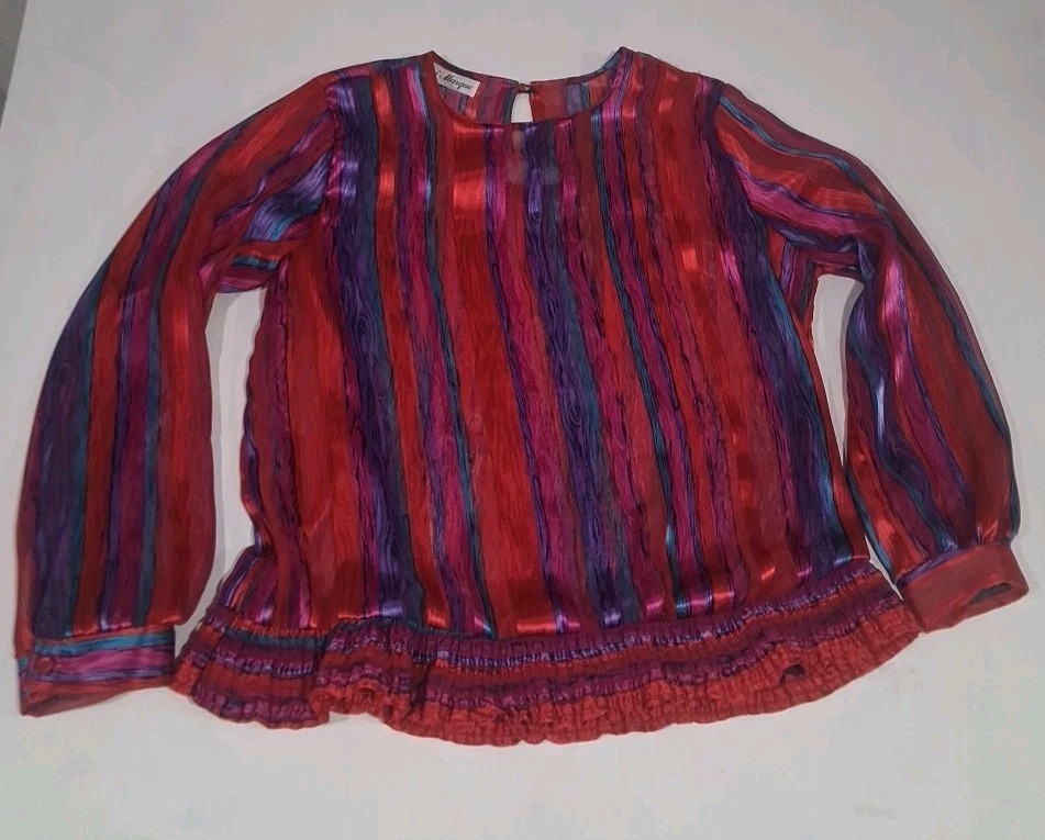 Vtg 80s Colorful Sheer Blouse Carnival Stripes Jeri Marque Womens Medium Ruffles