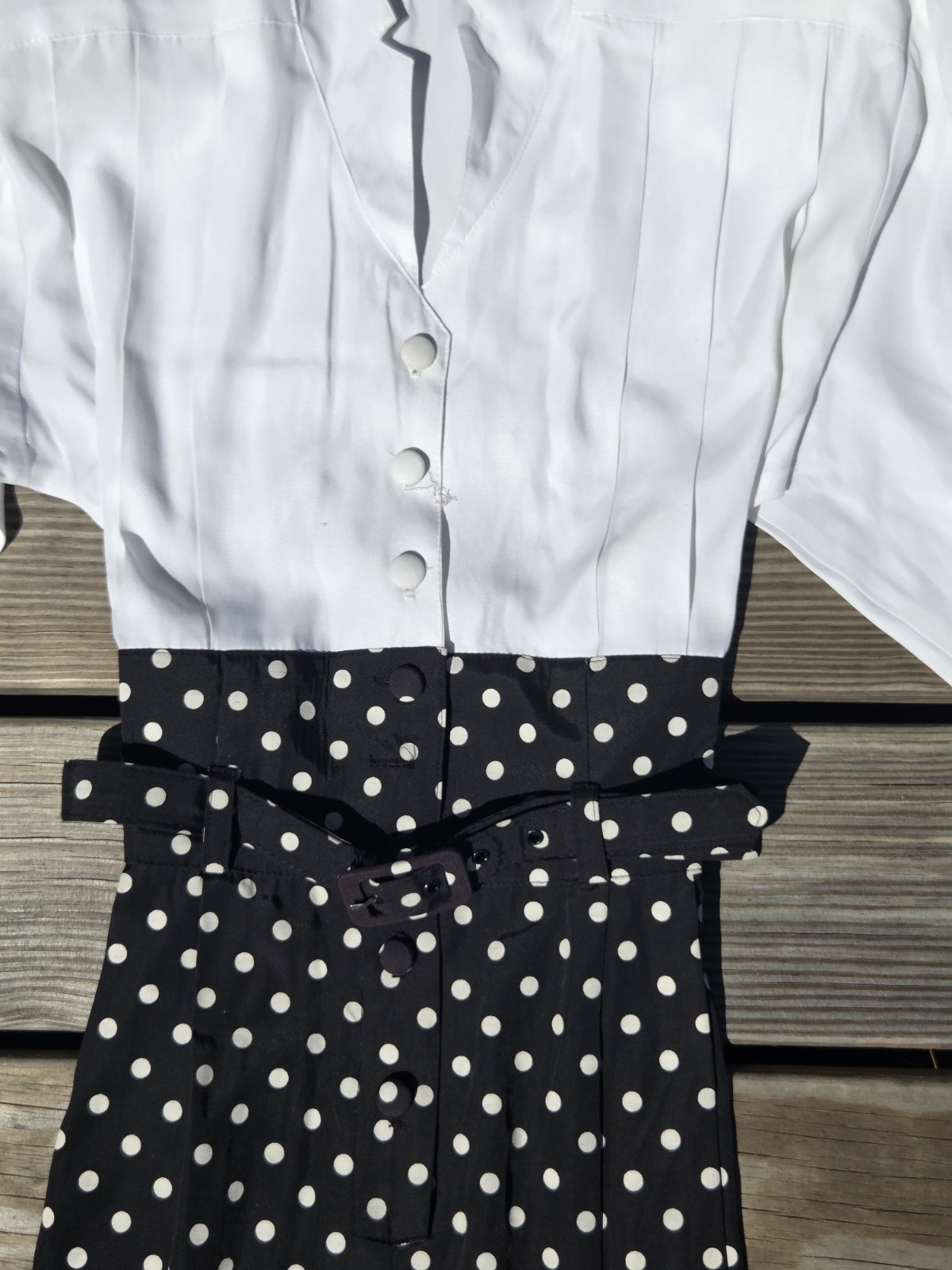🖤Vintage 1980s Ashlee California Polka Dot Jumpsuit Romper White Black Belted 8