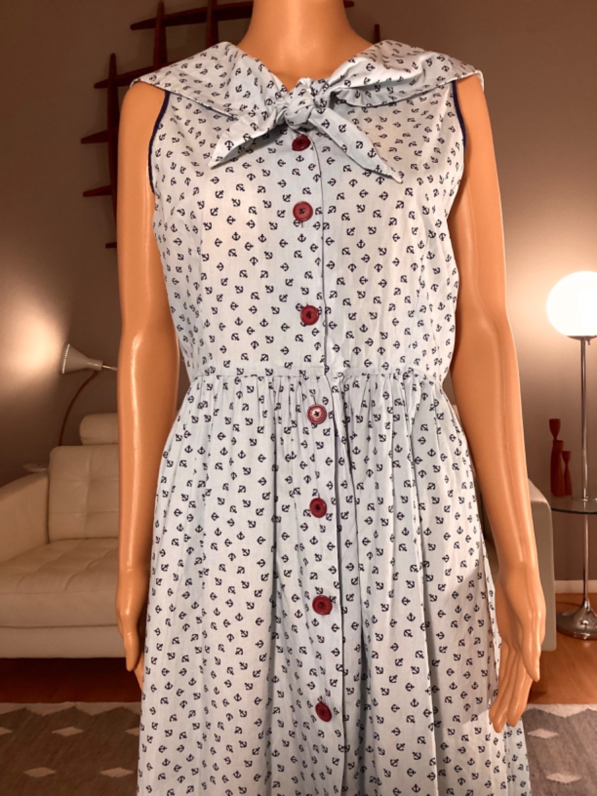 Vintage 40’s 50’s Blue Nautical Sailor Anchor Pattern Novelty Dress