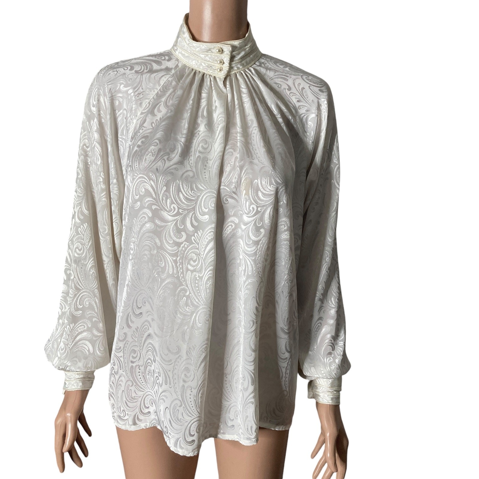 Vintage Alexandria Blouse Womens 6 White Jacquard High Neck Pearl Buttons