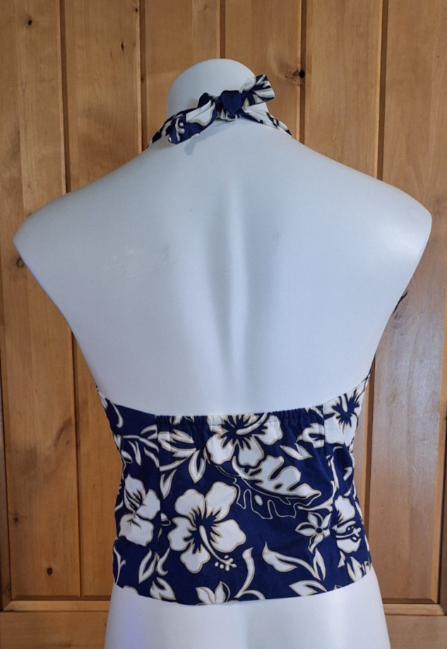 1990s Blue White Hawaiian Hisbicus Print Halter Top Pin Up Rockabilly Tiki Viva