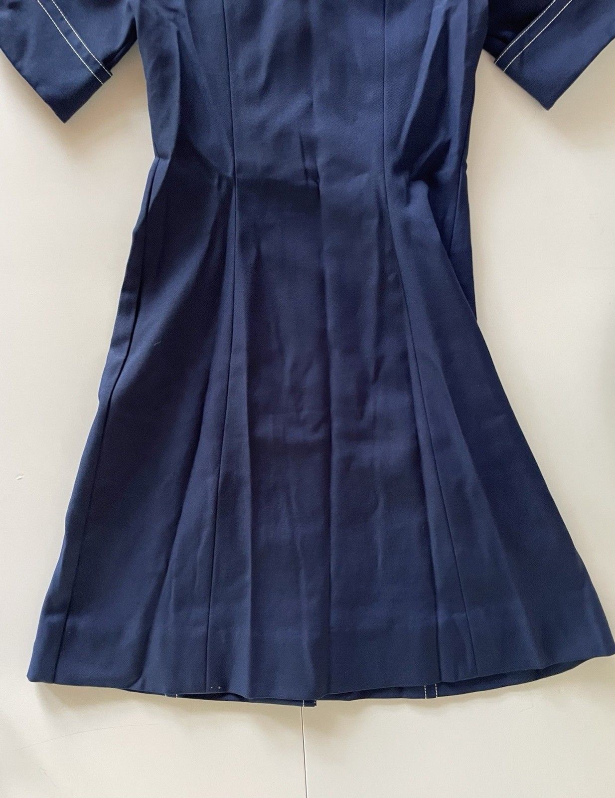 Vintage Leslie Fay Navy Blue Dress with White Stitching and Matching Belt