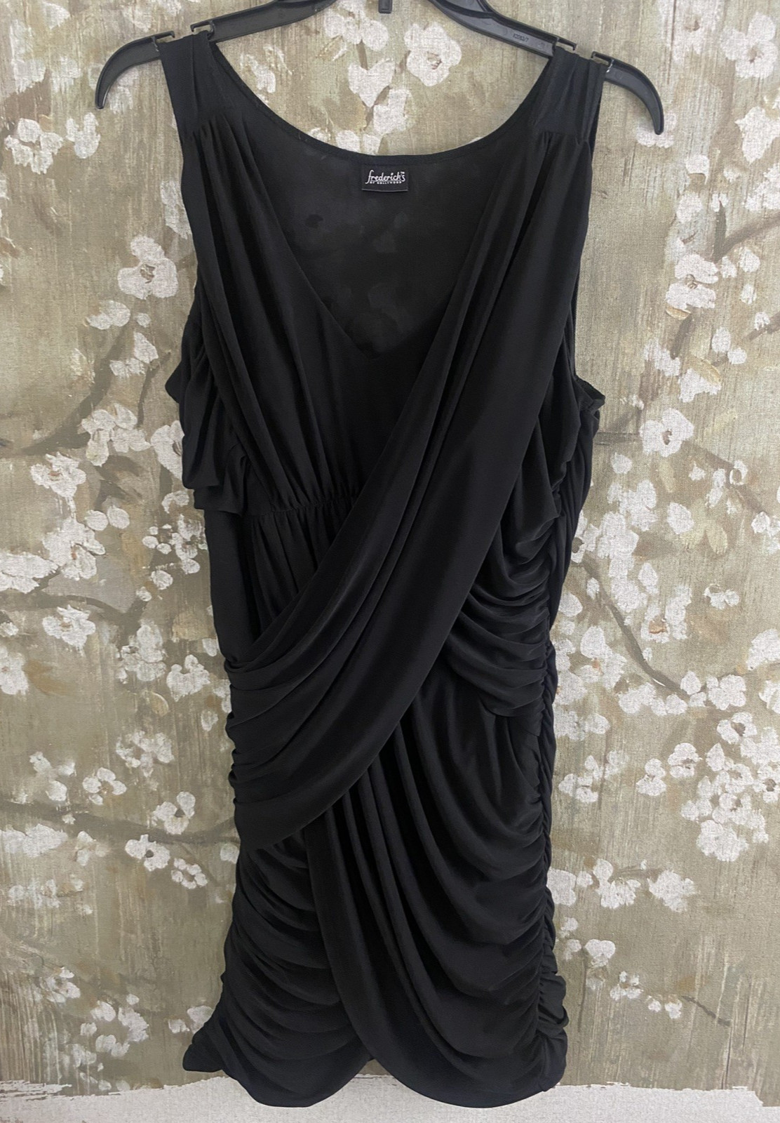FREDERICK’S OF HOLLYWOOD VTG Black Drape Wiggle Bodycon Goddess Grecian Dress XL
