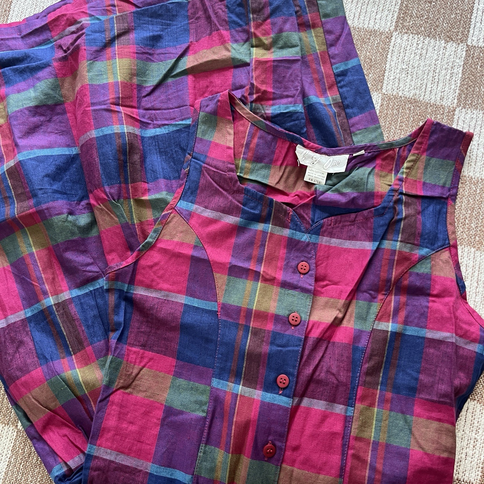 Vintage 90s plaid jumper day dress womens M pink purple blue green sleeveless