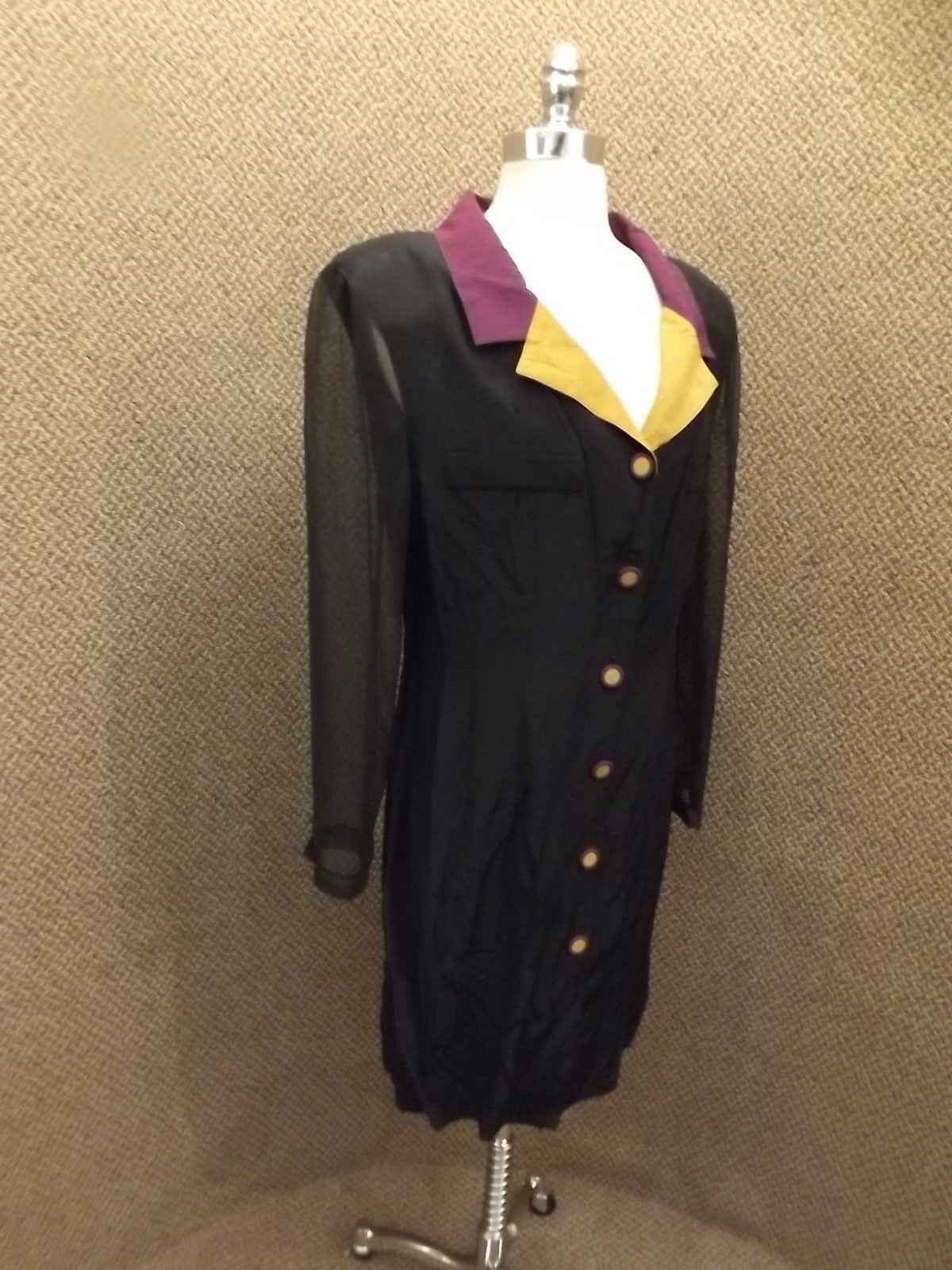 Super Stylish Color Block Vtg 80s Dressy Button Down Sheer Sleeve Dress Womens M