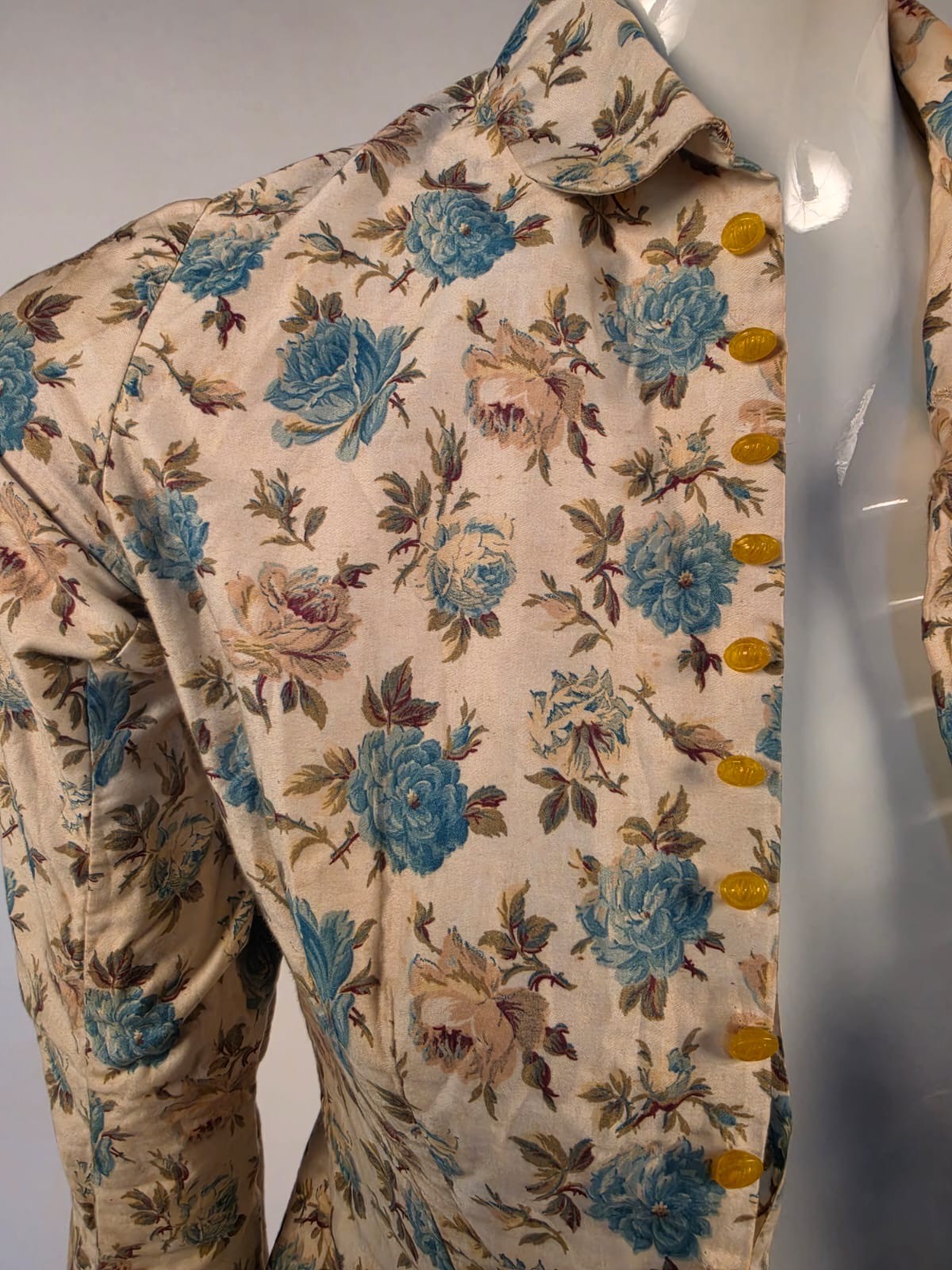 THE ULTIMATE VICTORIAN 1880’S PINK + BLUE ROSE PRINT BUSTLE JACKET XXS SIZE