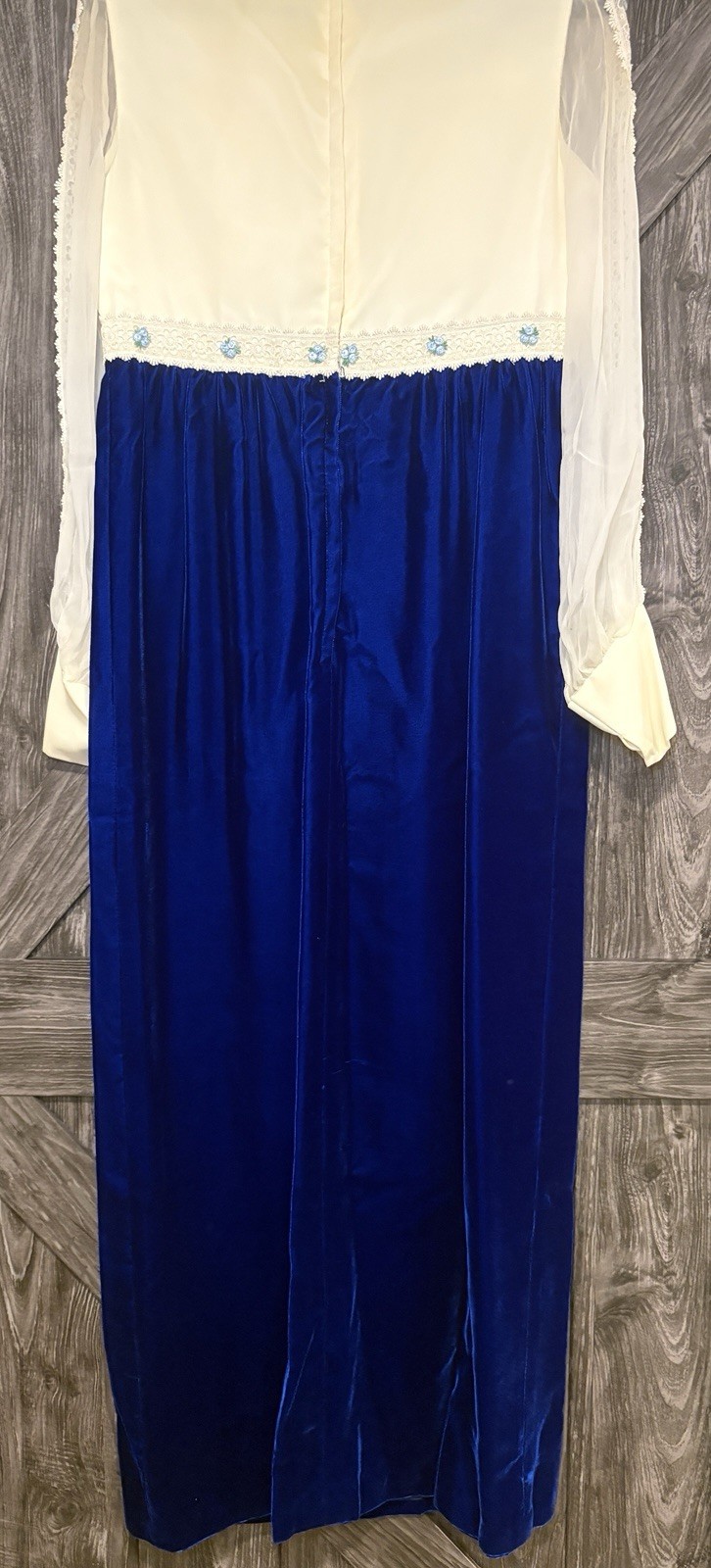 Vintage 1970s Blue Beige Chiffon Velvet Maxi Dress Lace Bodice Sz Medium?