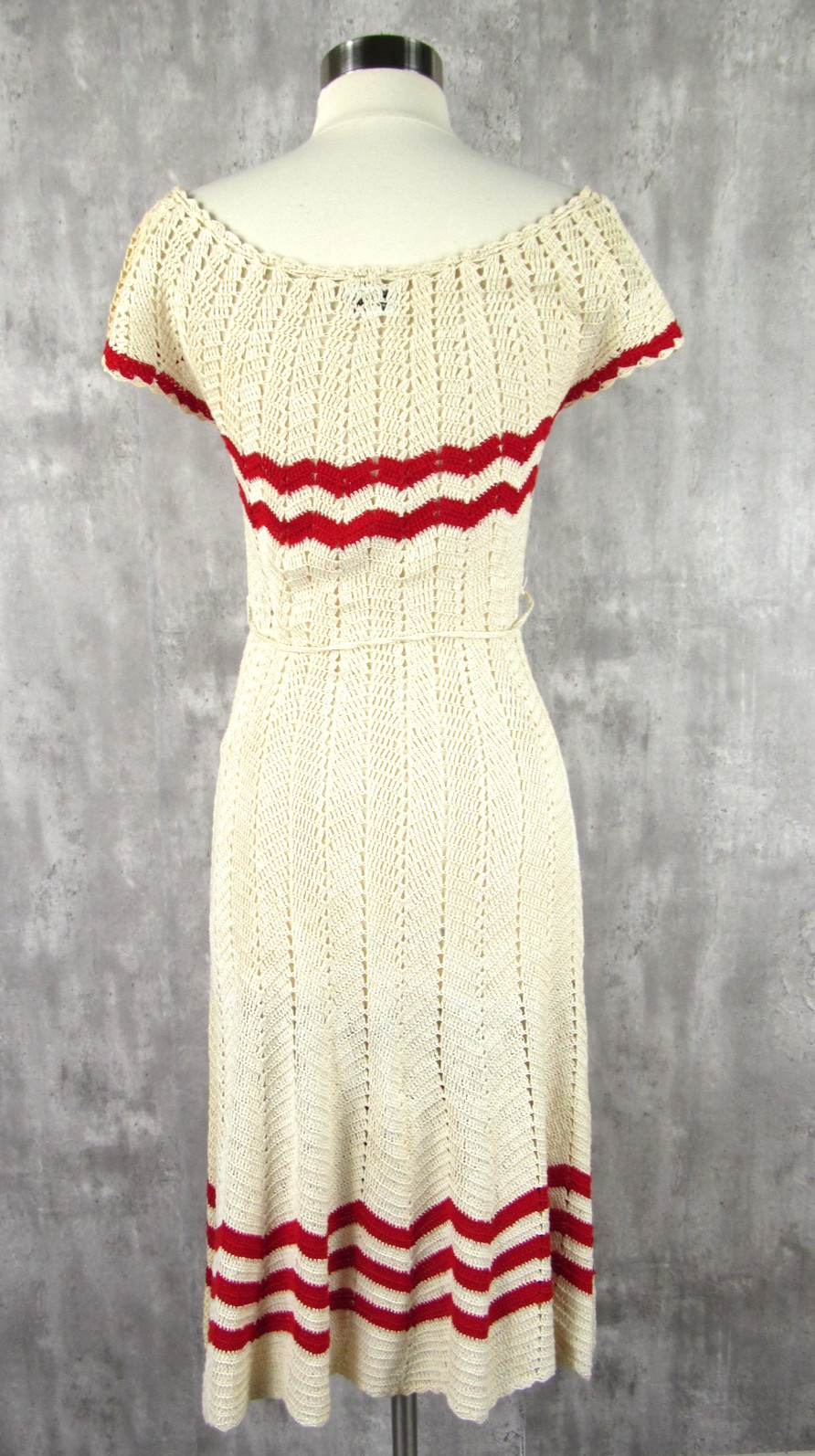 Vintage 60s 70s Crochet Open Knit Dress Chevron Stripe Cotton Small S Hippie