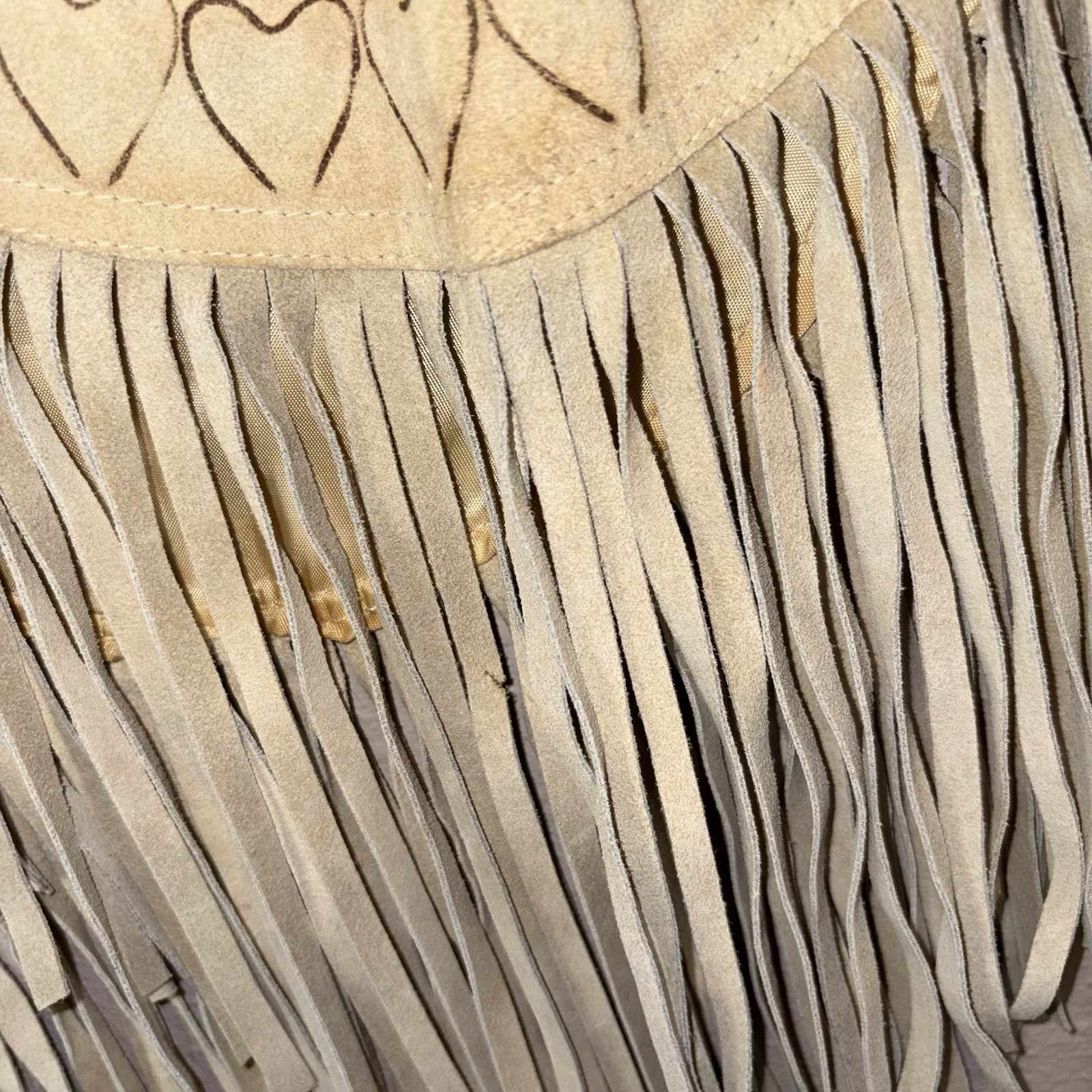 Vintage 70s Poncho Tan Suede Leather Fringe Floral Butterfly Boho Western Folk