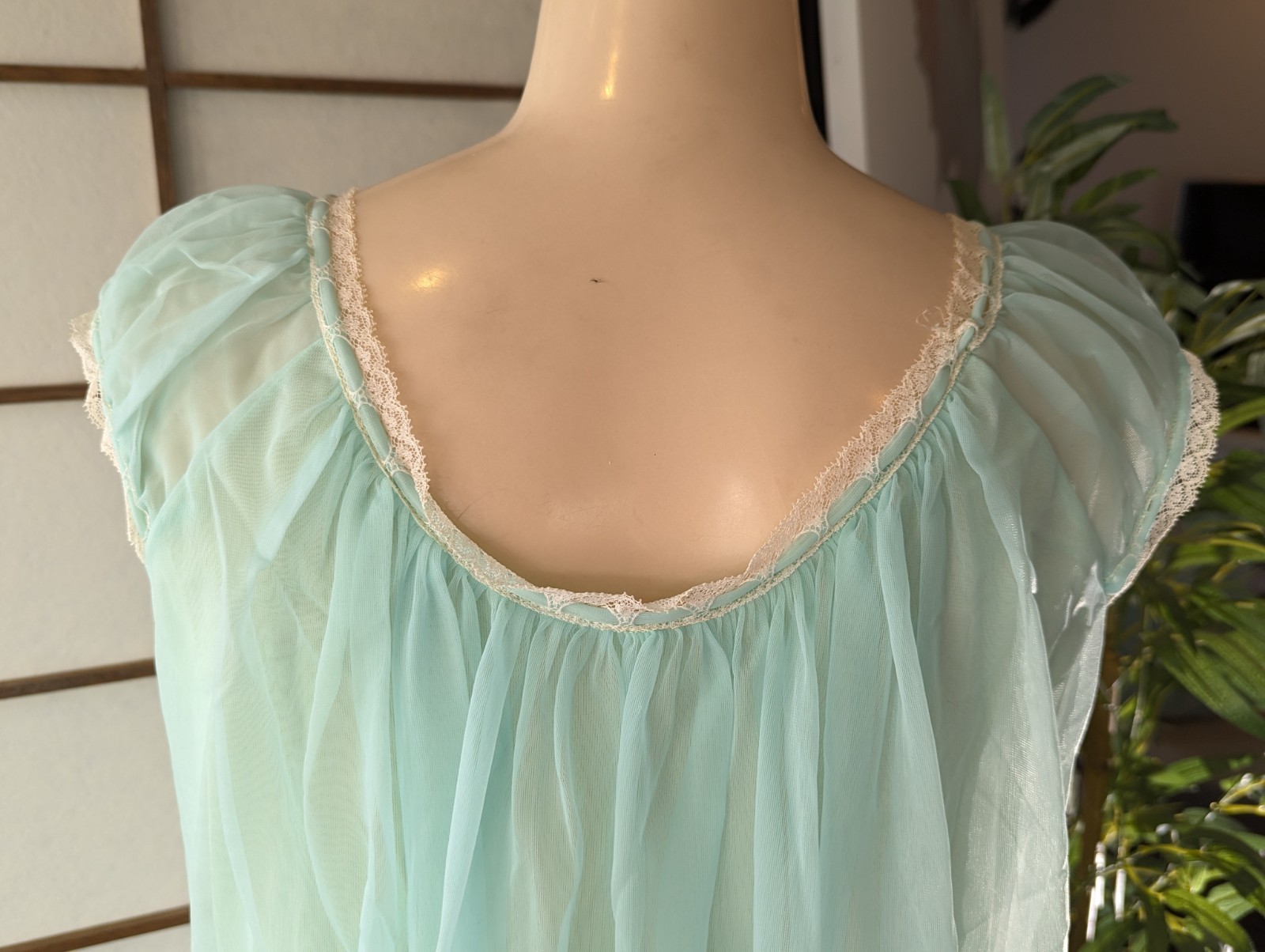 Vtg 60s Dorsay Seafoam Smocking Chiffon Peignoir Set Dressing Gown Robe Sz M