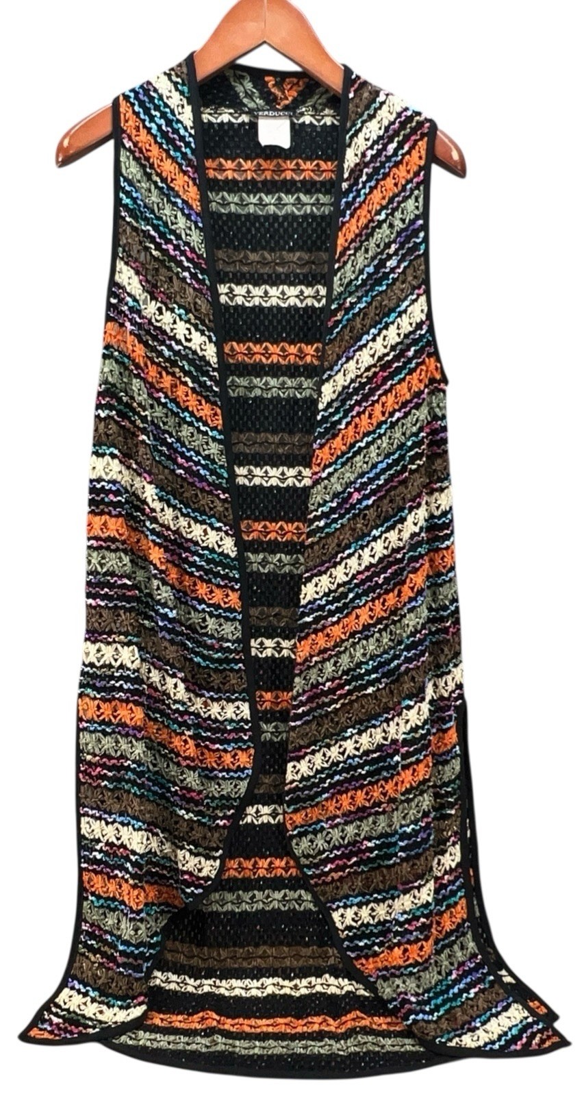 Vintage Long Vest Women S Open Knit Velour Flower Boho 70’s Inspired Side Slit