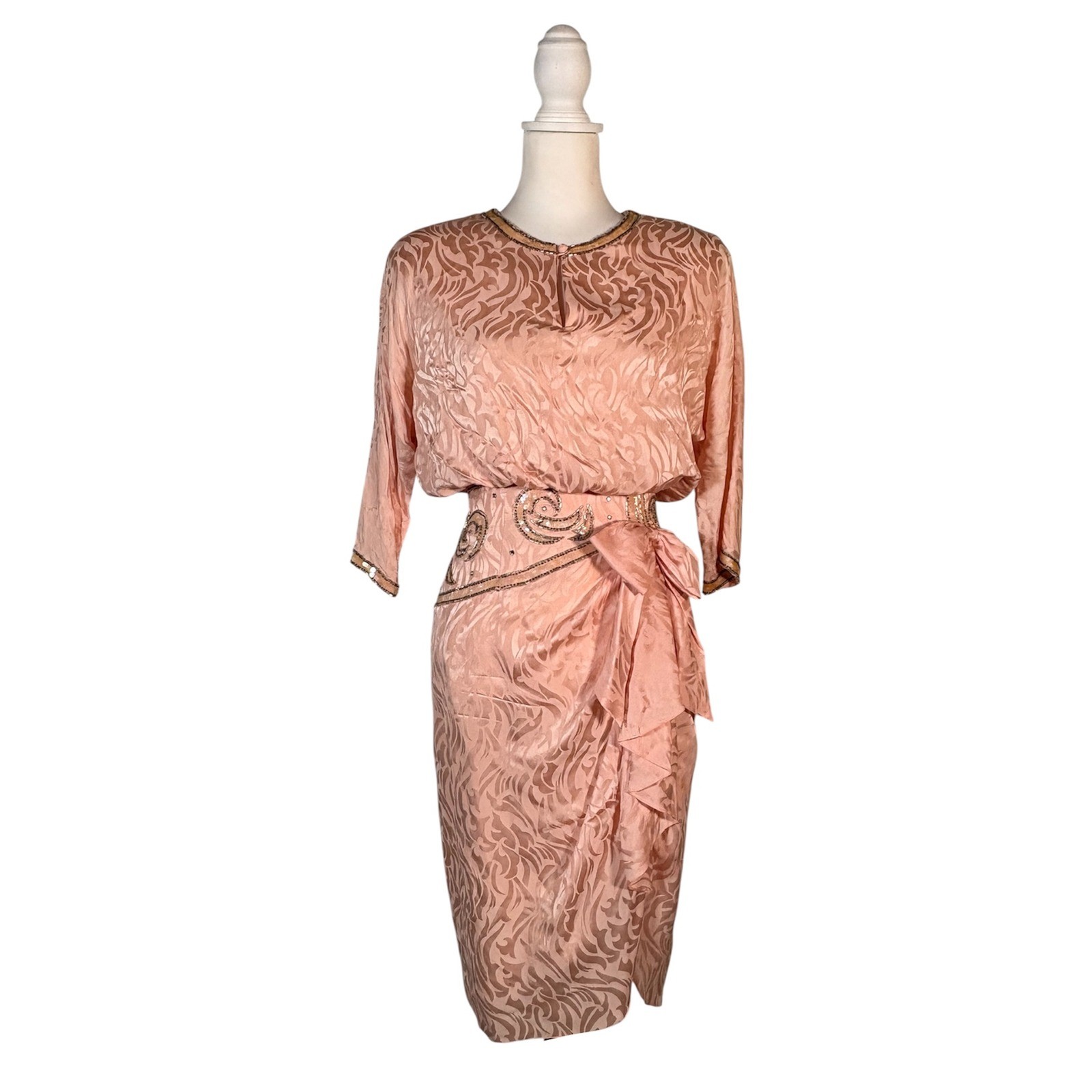 Vintage 80s 100% Silk Beaded Dress Sz 10 Pink Retro Glam Old Hollywood Chic