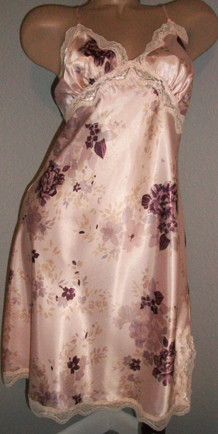 Vtg Pink Peach Floral Satin Babydoll Nightgown M