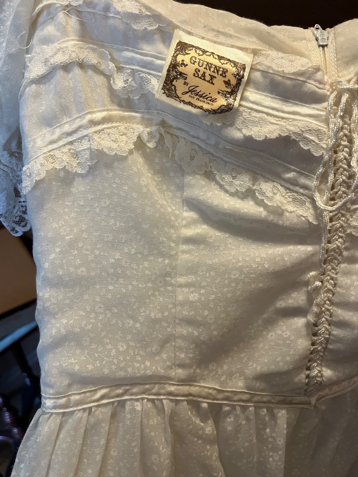 Vintage Gunne Sax by Jessica White Prairie Cottagecore Lace Midi Dress XS 26”