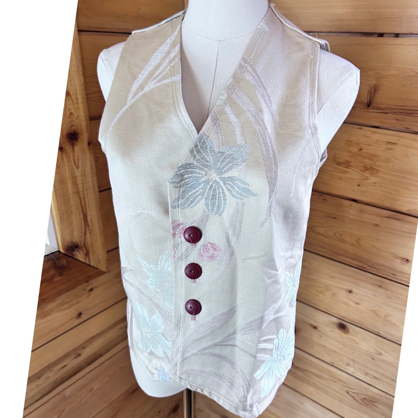 Vintage Jacquard Brocade Vest Womens Small Cream Floral Asymmetrical Handmade