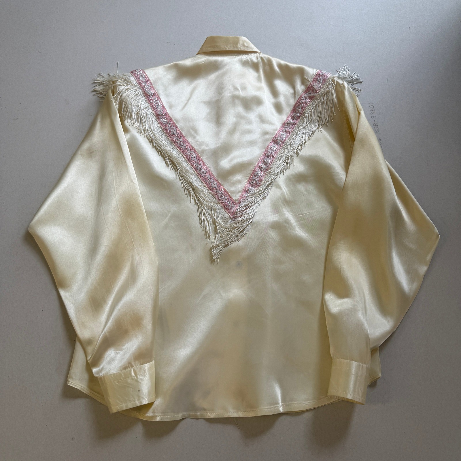 Vintage 70s Roper Western Shirt Ivory Satin Fringe Pink Embroidery Pearl Small
