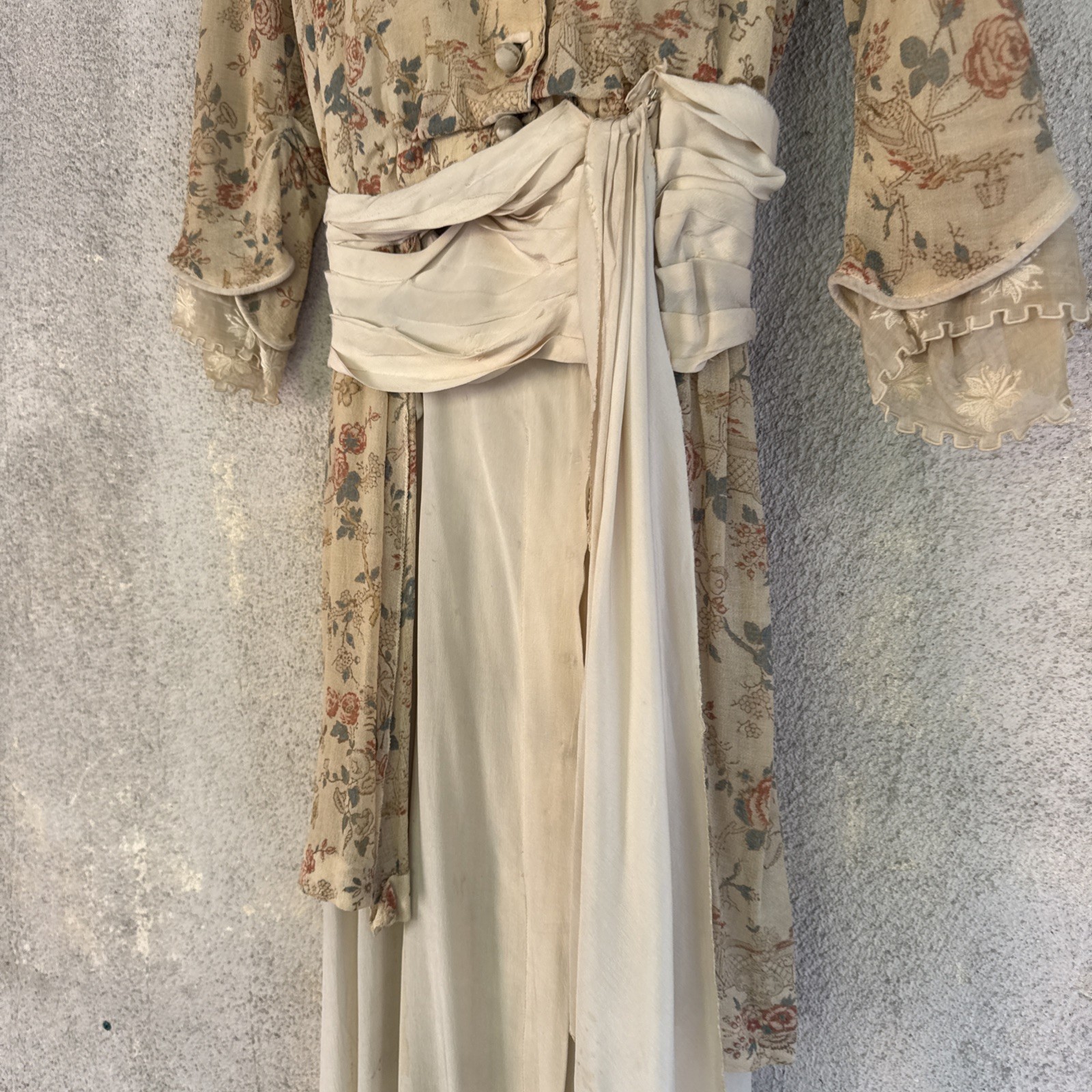 Antique Edwardian Chinoiserie Dragonfly & Floral Print Gown Silk & Organza VTG
