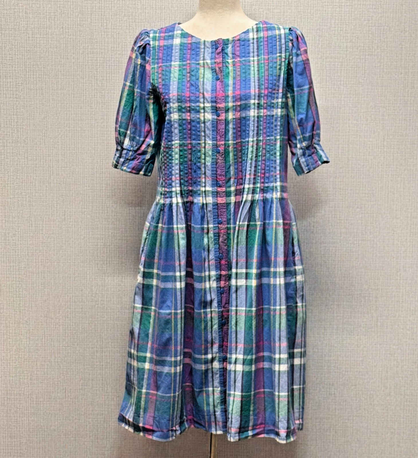 Matti Sport Vintage Plaid Pintuck Puff Sleeve Button Front Midi Dress Blue 12