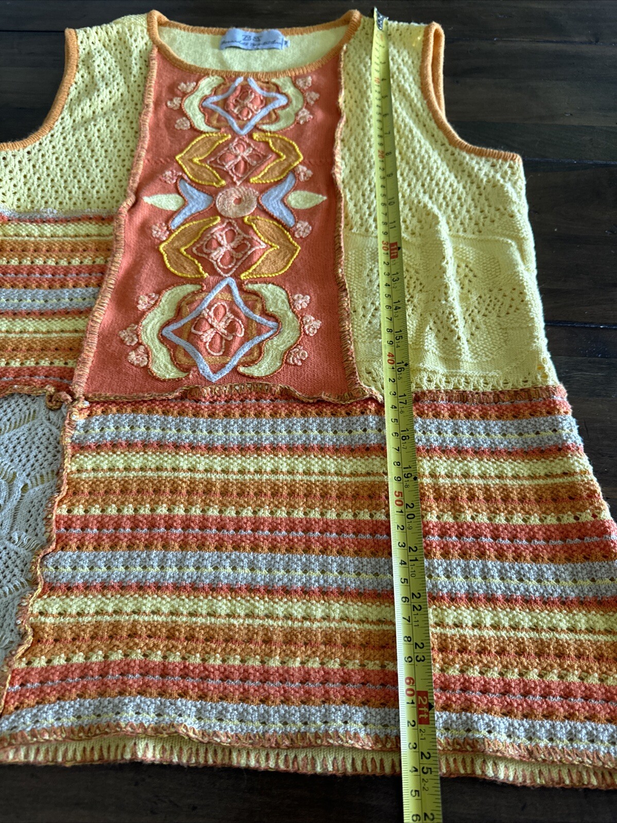 VINTAGE CROCHET knit M Orange Yellow Colorblock VEST Blouse boho HIPPIE Brazil
