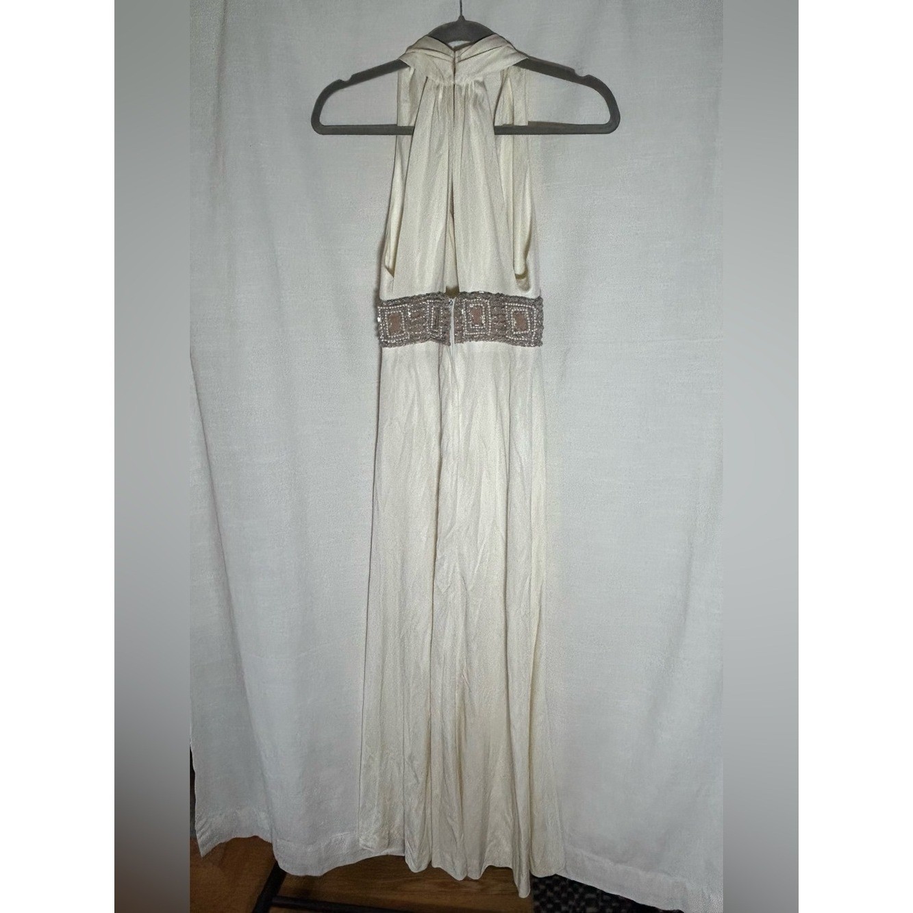 True Vintage Circa 1970’s Cream Halter Maxi Dress with Embellished Beaded Waist