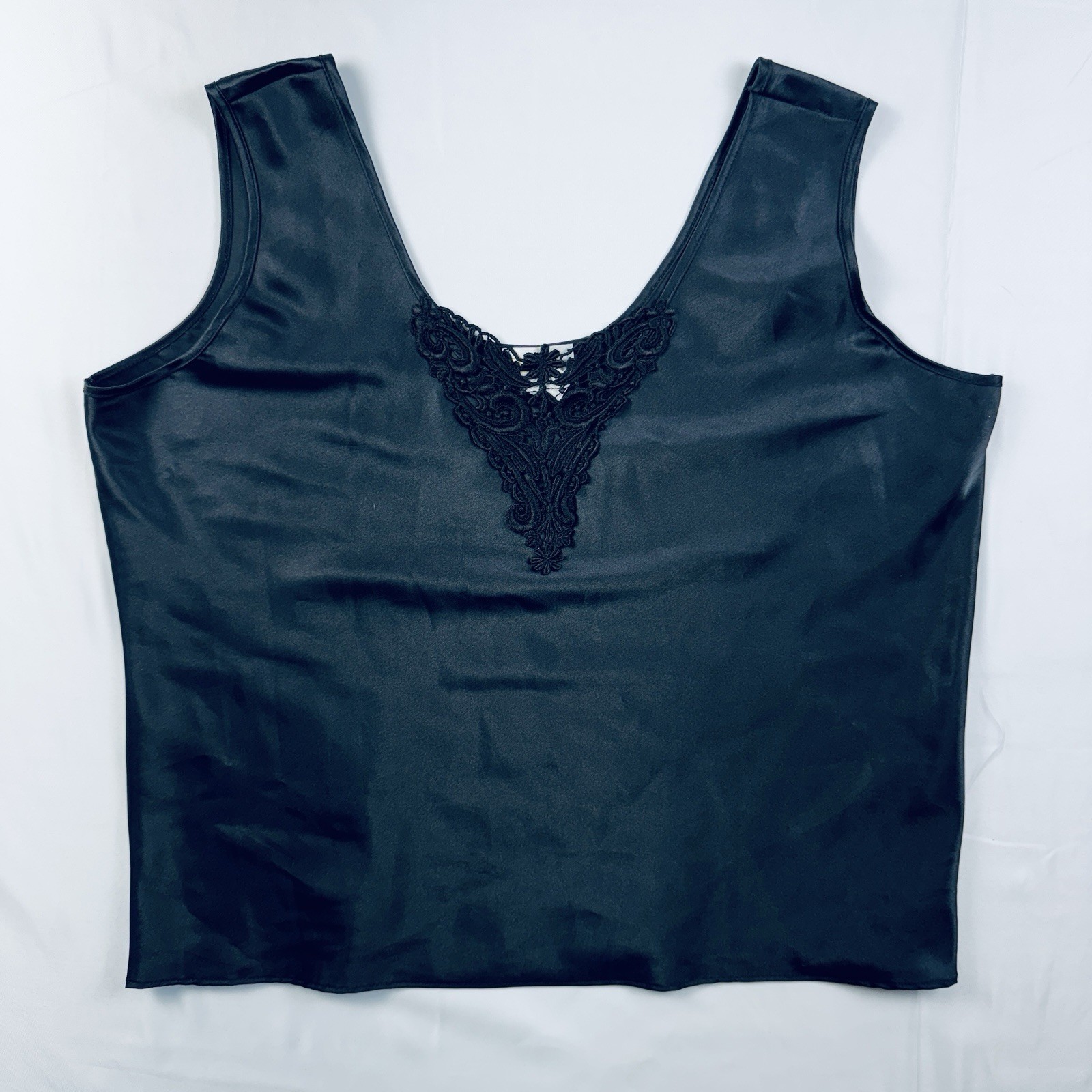VTG Escapades Black Satin Lace Tank Top Womens Sz L Made in USA Whimsy Goth Y2k