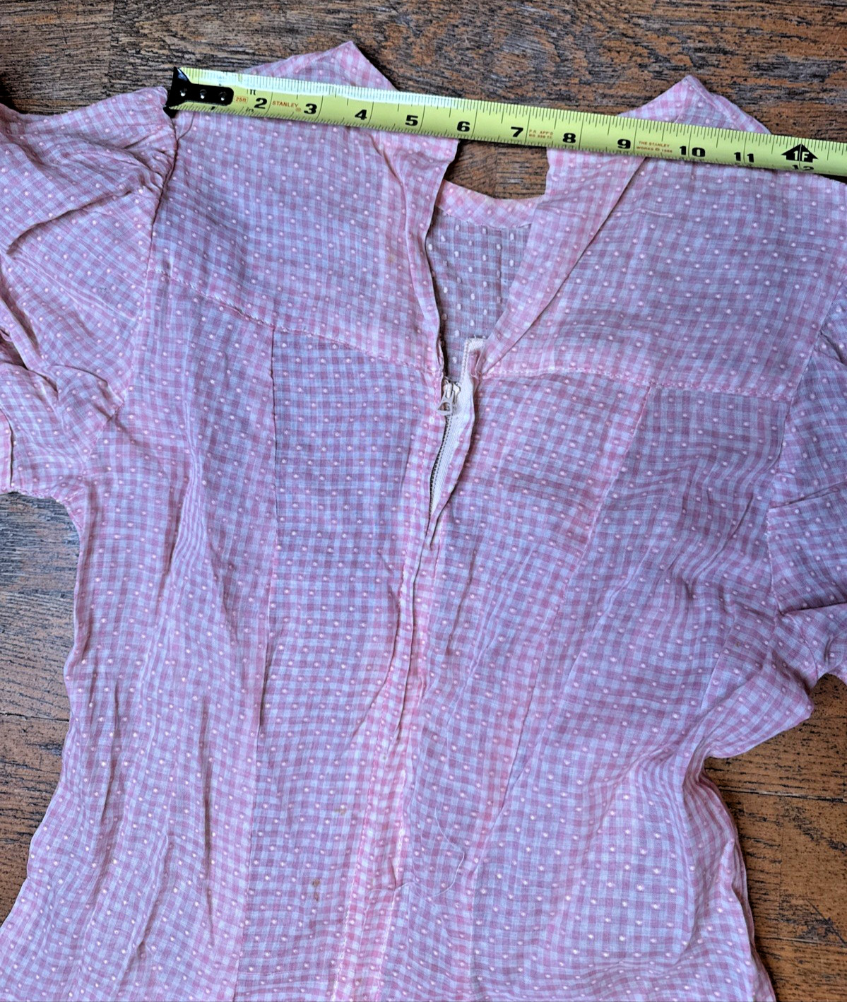 Vtg 1940s Pink Gingham Swiss Dot Day Dress Metal Zipper Puffy Sleeve Wide Sweep