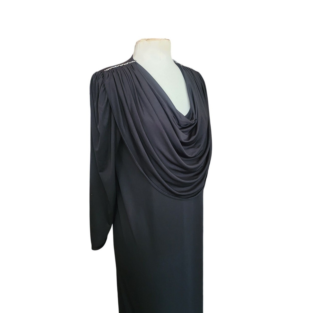 VTG 80s Oscar de la Renta Swirl Evening Dress Black + Rhinestones Cowl Neck M