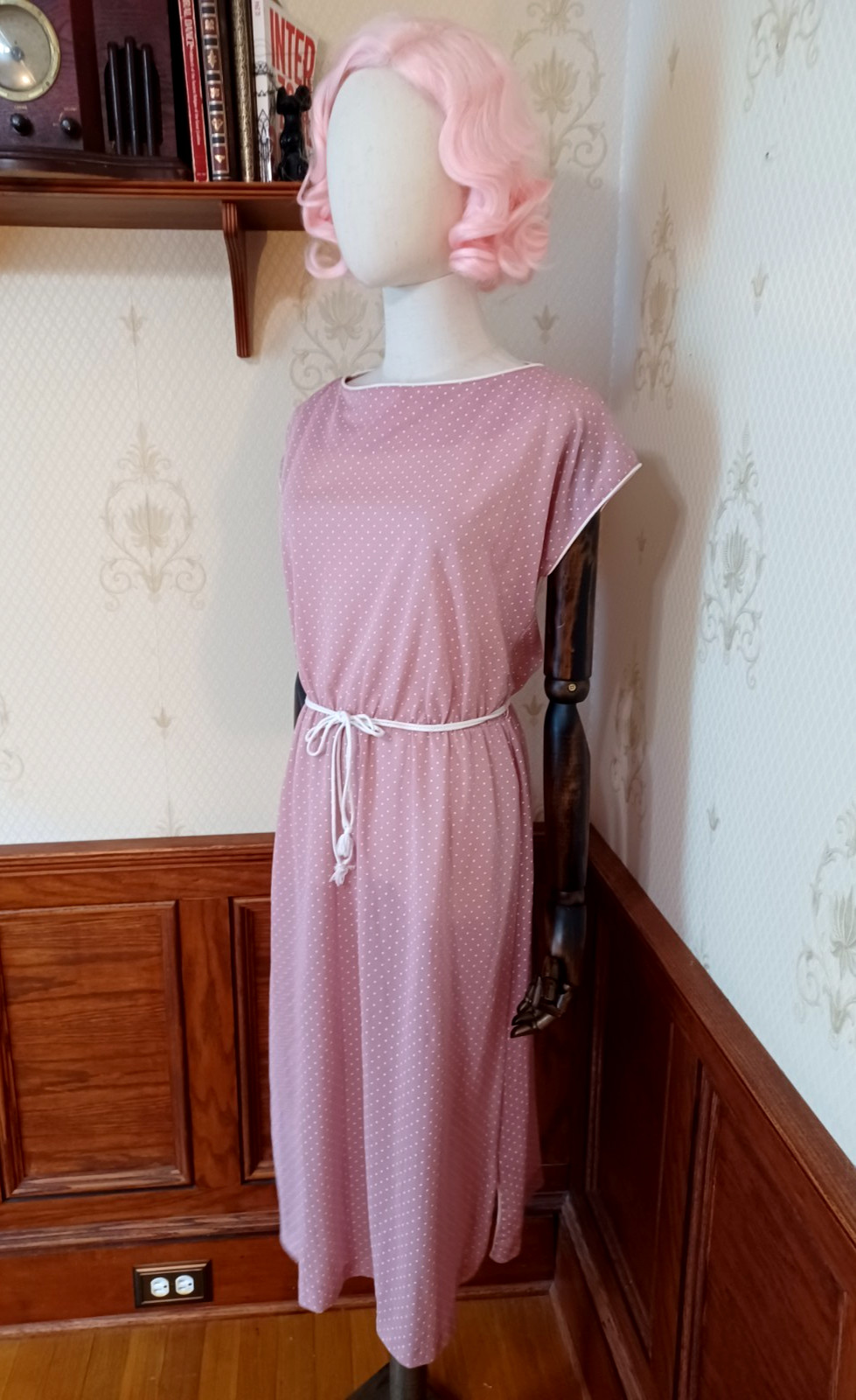 Vintage 1970s/80s Miami Express Pink Polka Dot Sheer Cottagecore Secretary Dress