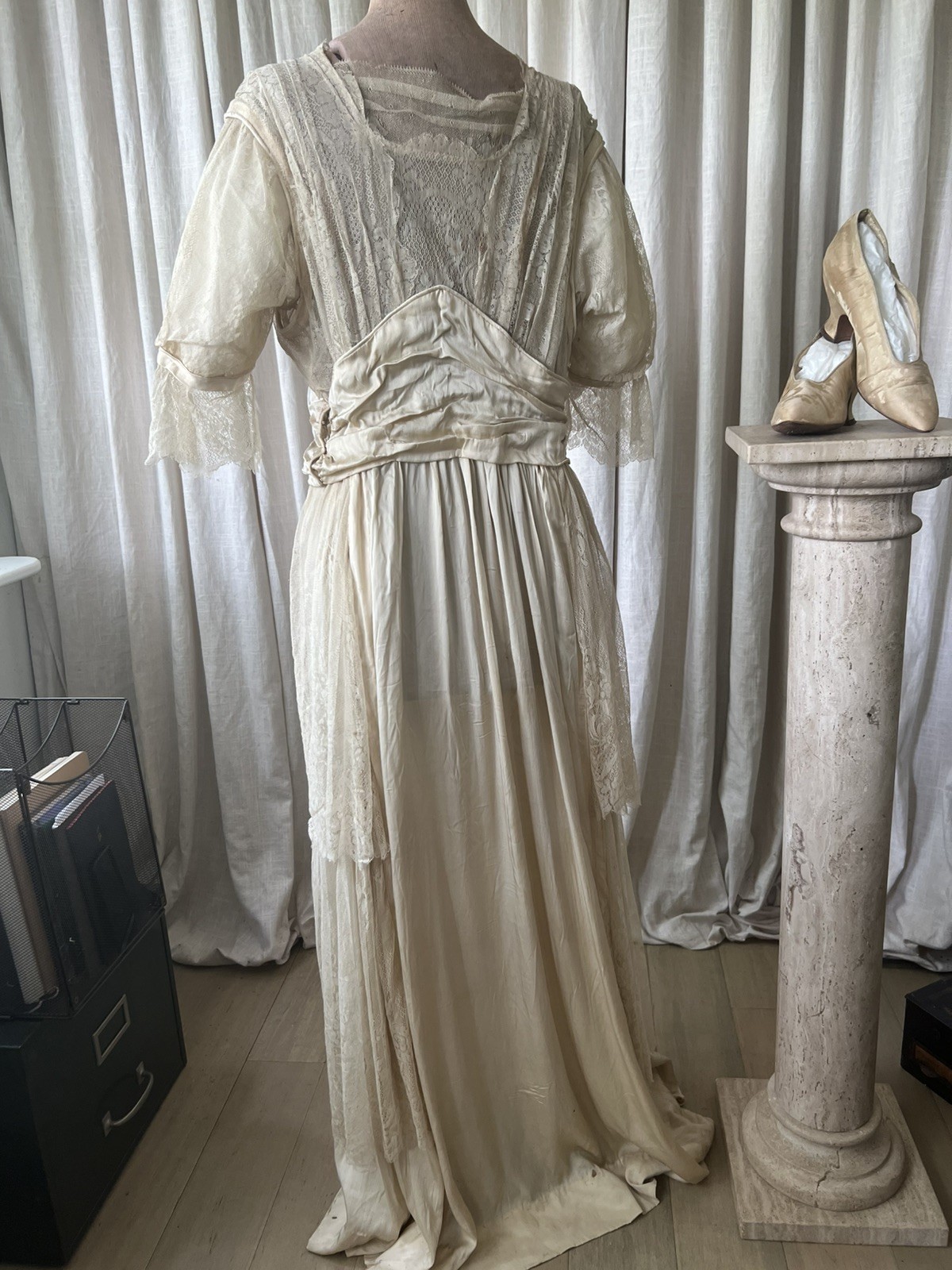 Stunning Antique Edwardian Silk Lace Wedding Dress with Original Shoes