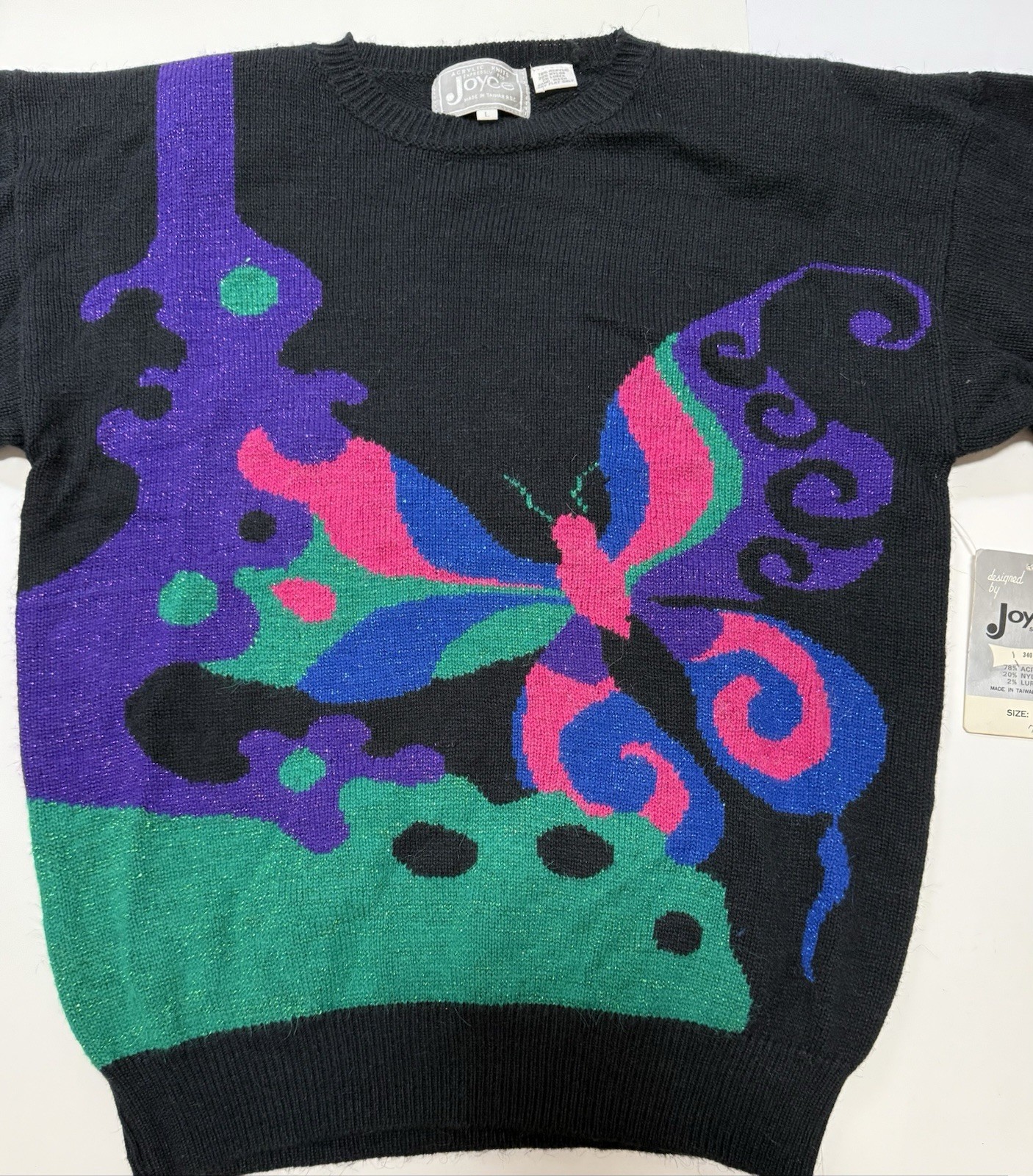 VTG 90s Butterfly Sweater Sz L Original Tag 80s Sparkle Joyce Acrylic Knits