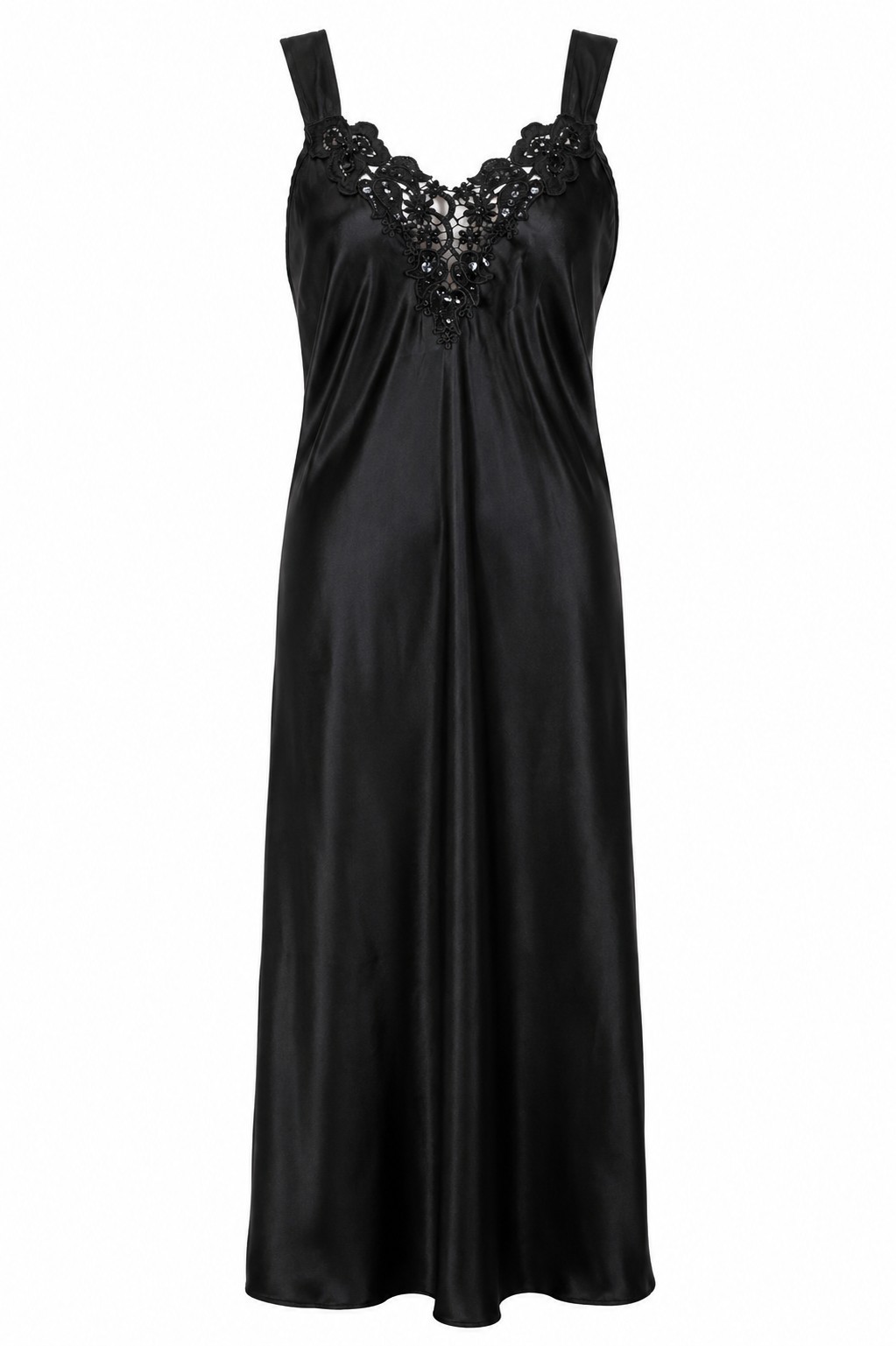 Cinema Etoile Black Satin Slip Dress Sz L Gown Maxi Lace Beaded Neckline USA