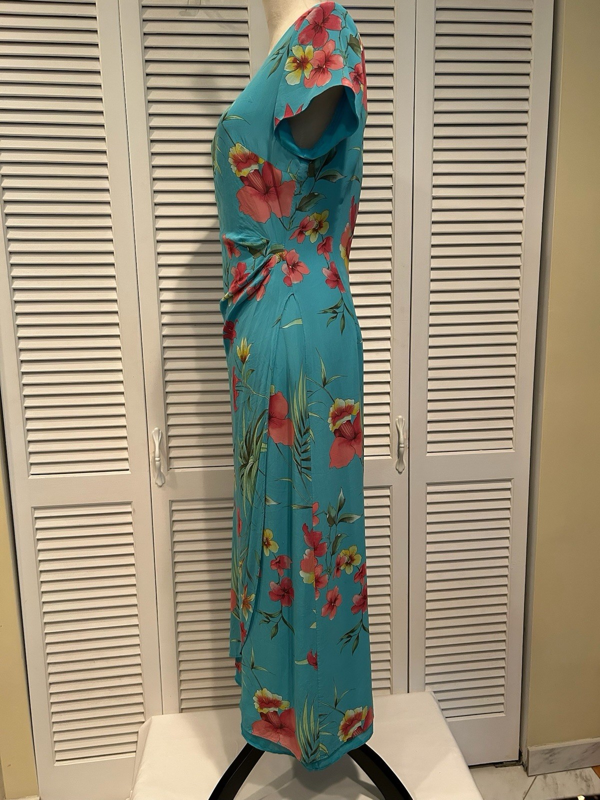 Talbots sz 8 Vintage Long Maxi Dress Aqua Blue Green Pink Floral Short Sleeves
