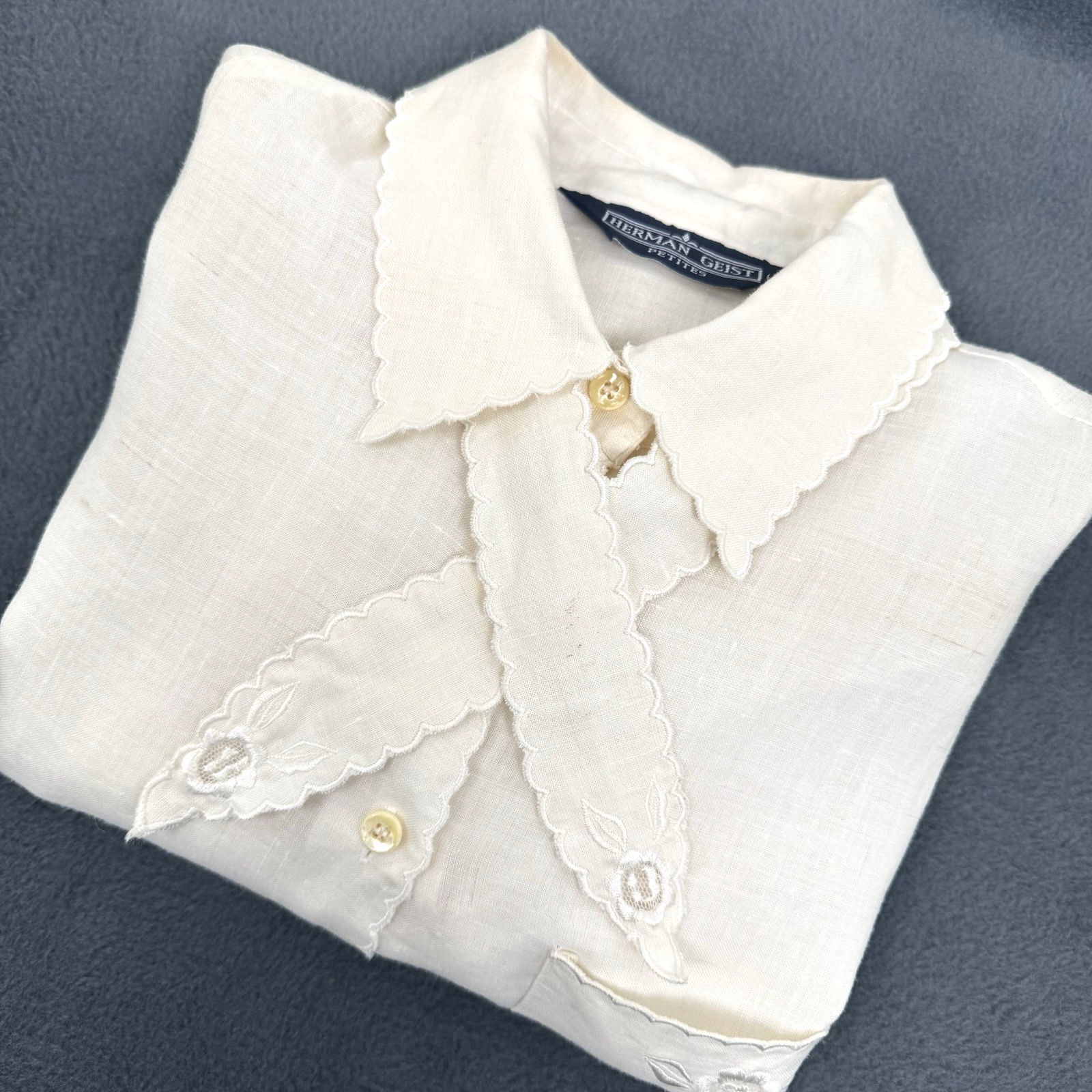 Vintage Herman Geist Blouse Women 14P Ivory Ramie Scallop Cottagecore
