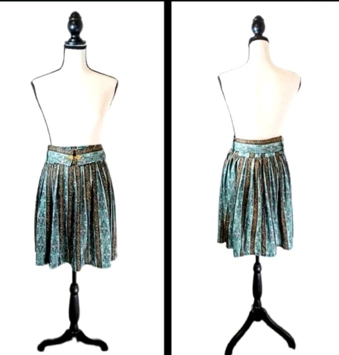 Vintage 60s 70s Handmade Cottagecore Fairy Belted Floral Striped Green Skirt XL