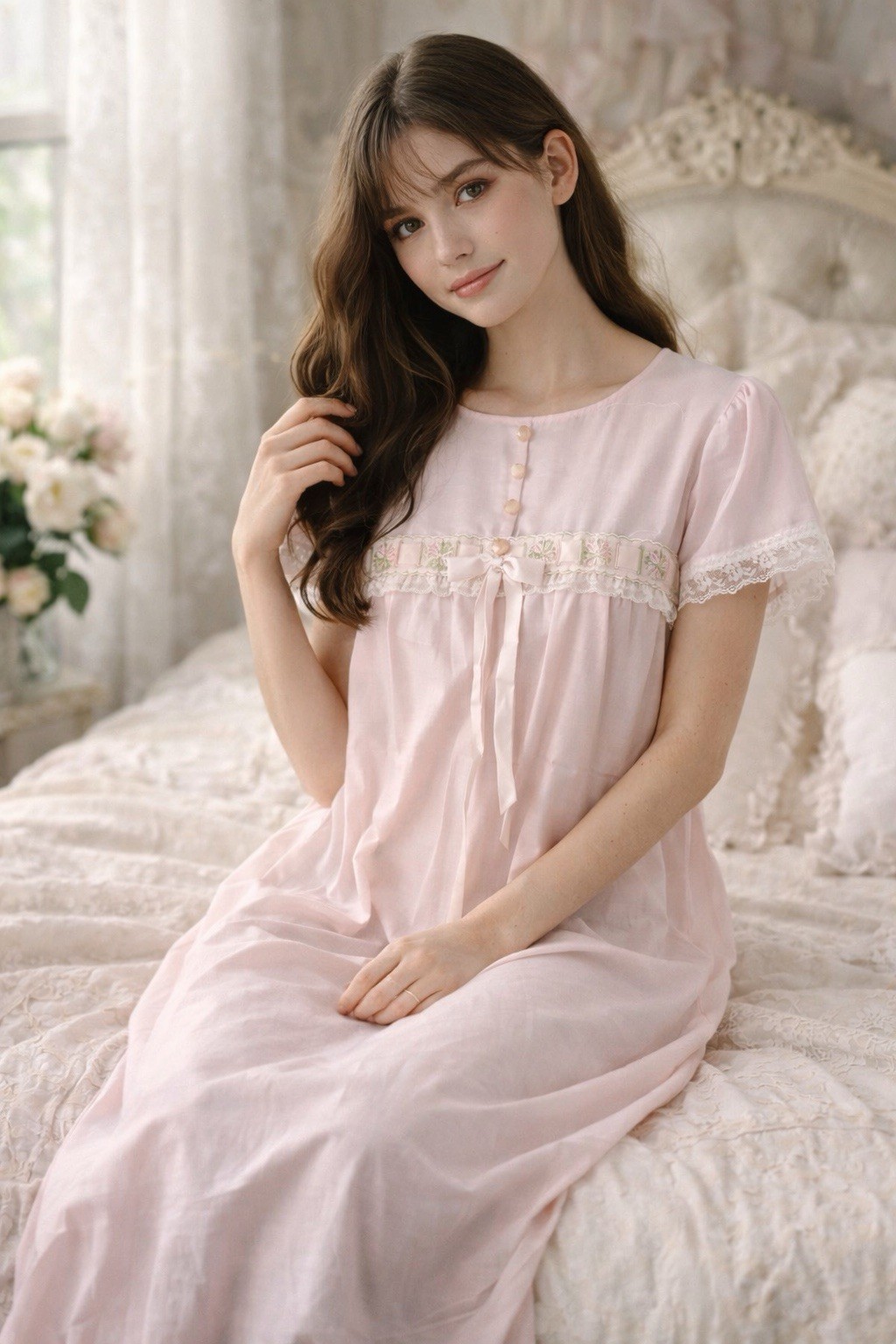 Vtg Gaymode Nightgown Pink M Lace Ribbon Victorian Prairie Cottagecore