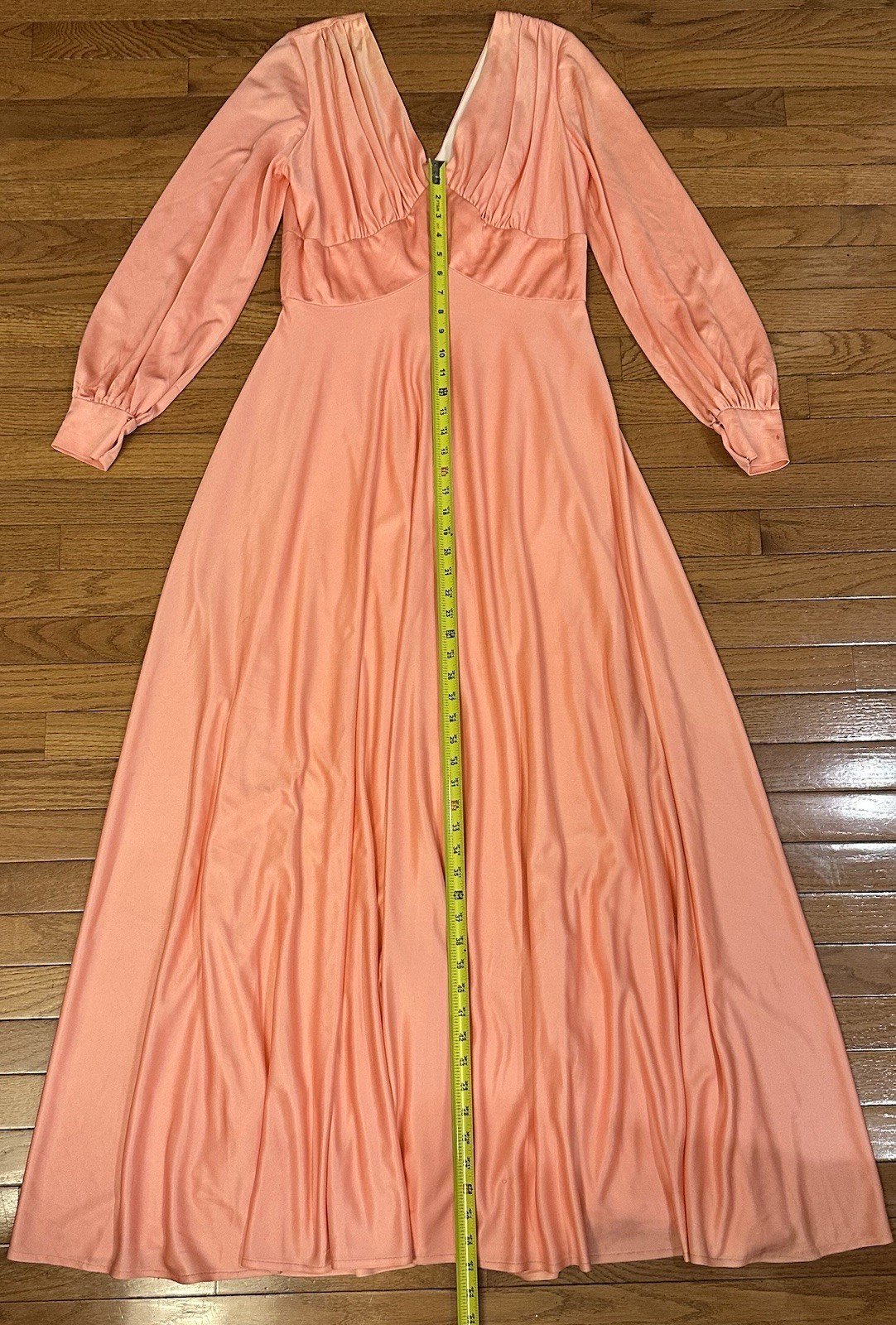 VTG 70s Dress Gown S/M Maxi Peach Coral Slinky Knit Mommy Dearest Old Hollywood
