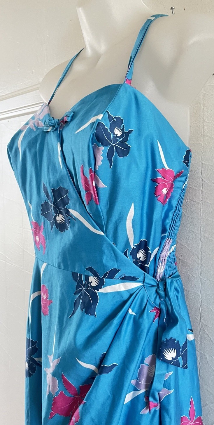 VTG 60’s Kimo’s Polynesian Shop Hawaiian 🌺 Turquoise Maxi Wrap Sarong Dress-14