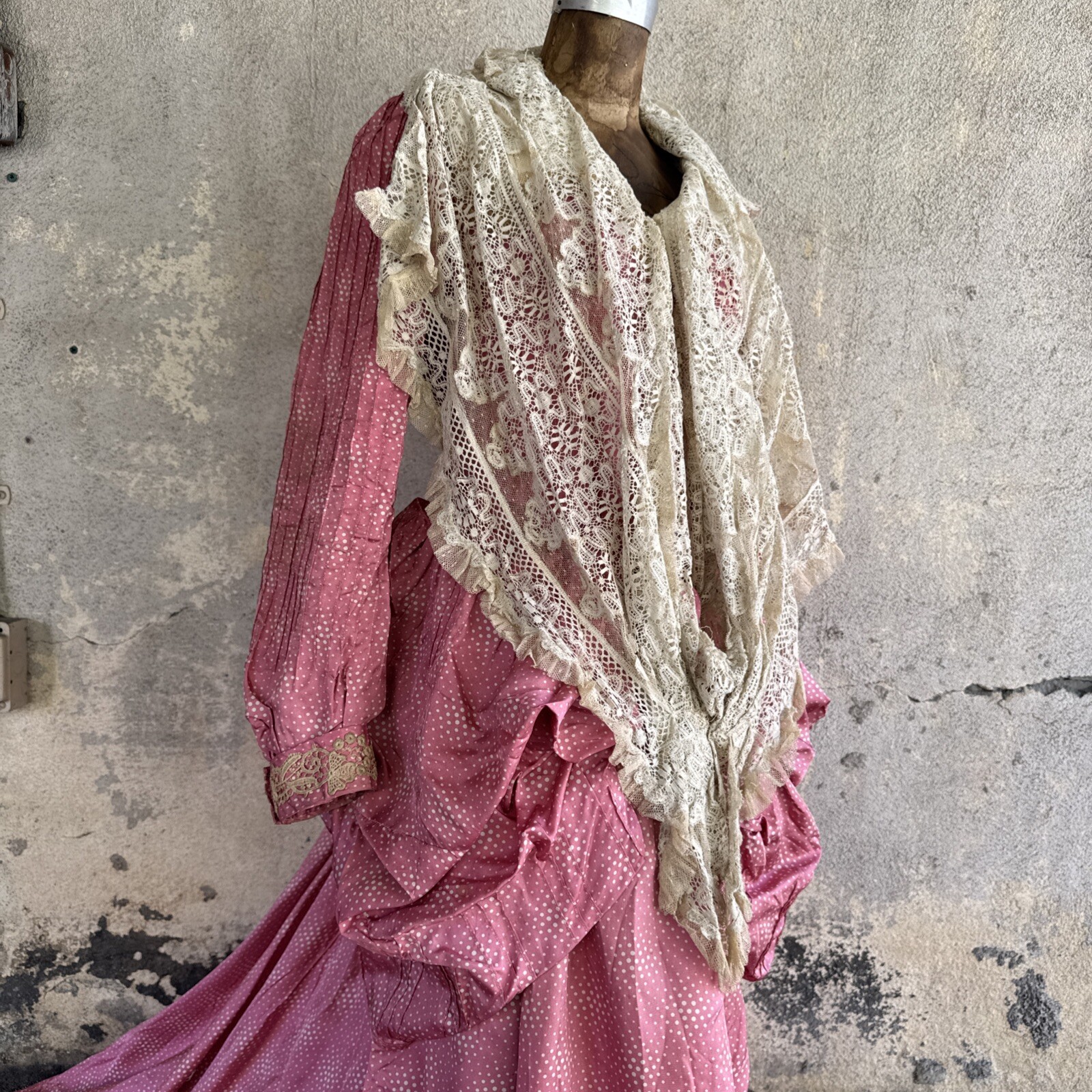 Antique Victorian Pink Silk Dot Print Dress Side Bustle Gown Lace 1880s Vintage