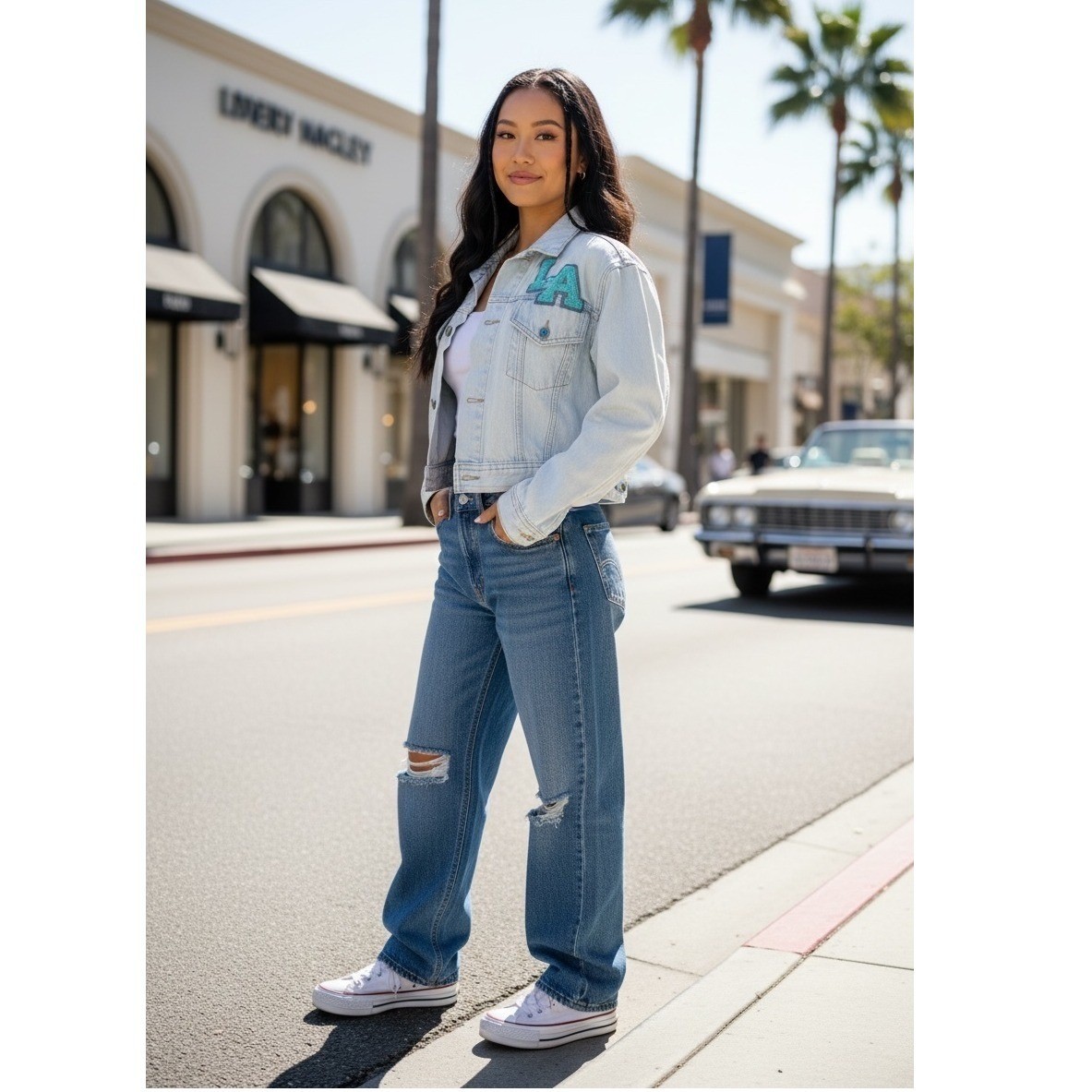 VTG! :LA Gear” Lt Wash Denim Jacket Chenille Patch Cropped Womens SZ S 90s RARE!