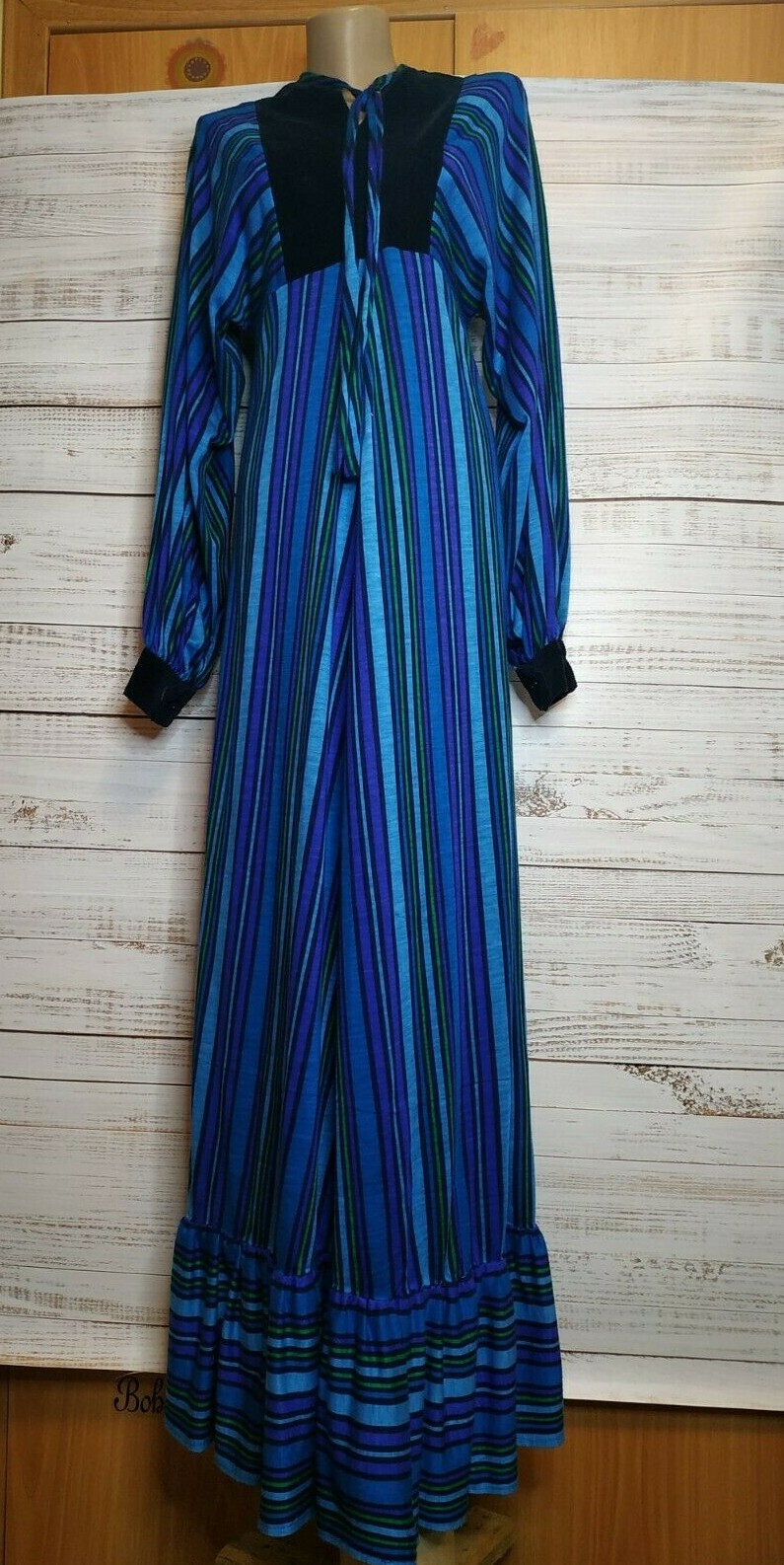 Vintage 70s MARION DONALDSON Maxi Dress Blue Green Striped Velvet Collar Size 12