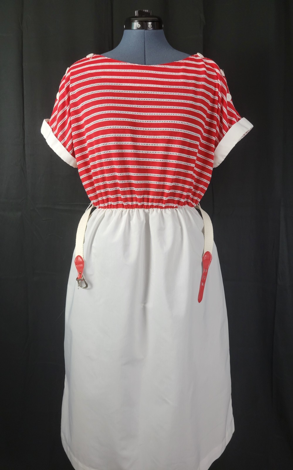 Vintage Boatneck Blouson Dress w Red & White Striped Bodice & White Skirt Size L