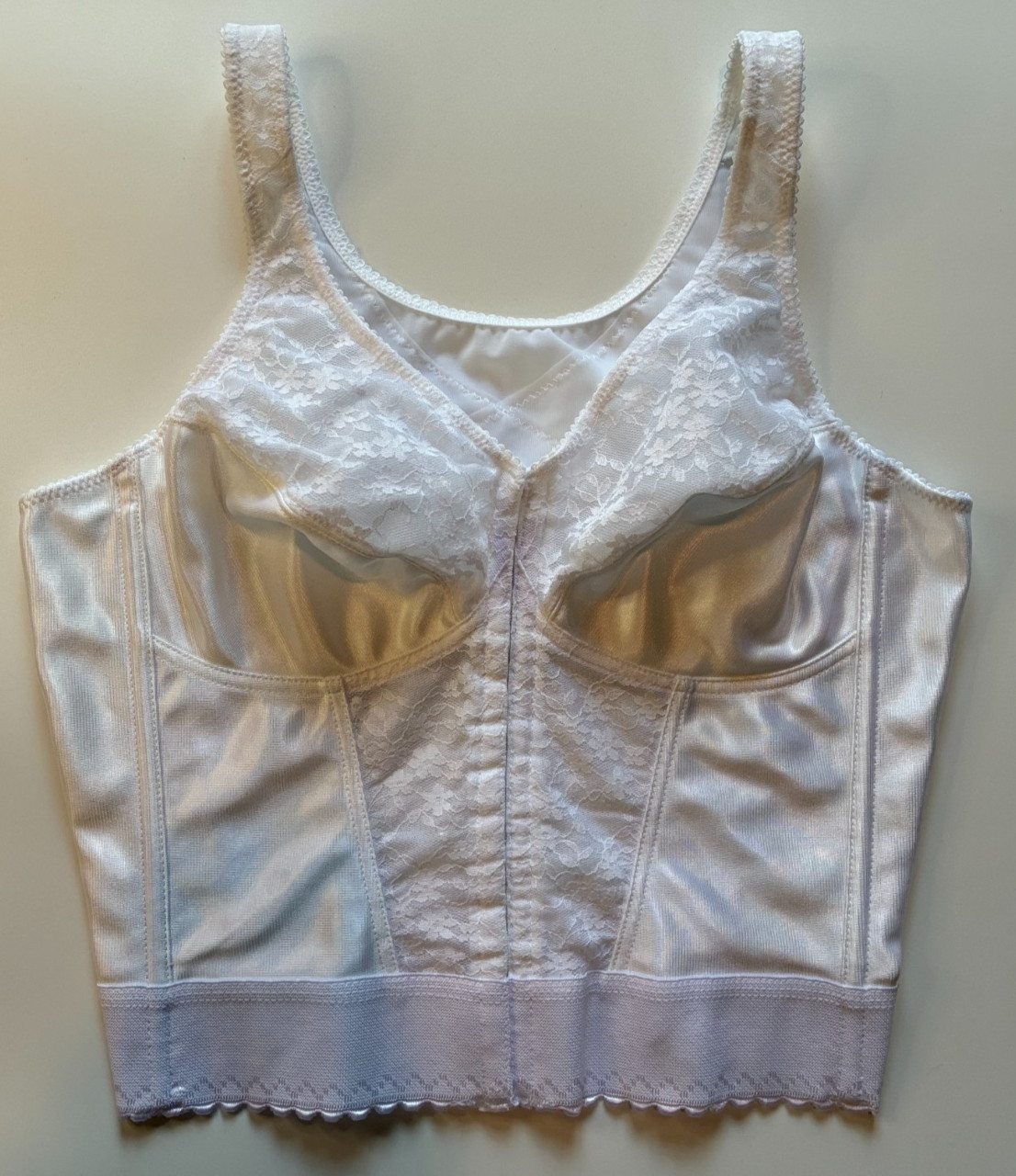 Vintage EXQUISITE FORM White Satin LONGLINE BRA 36 C US Sheer Panels LACE CUPS