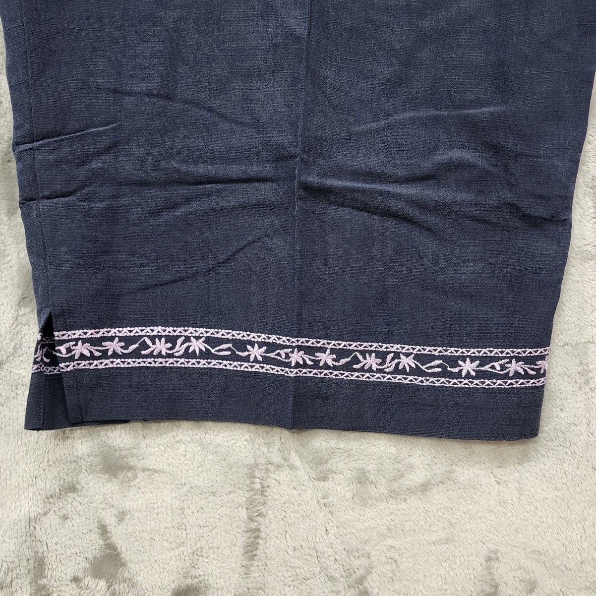 Vintage Dressbarn Pants Womens 22W Blue Silk Linen Blend Crop Capri Embroidered