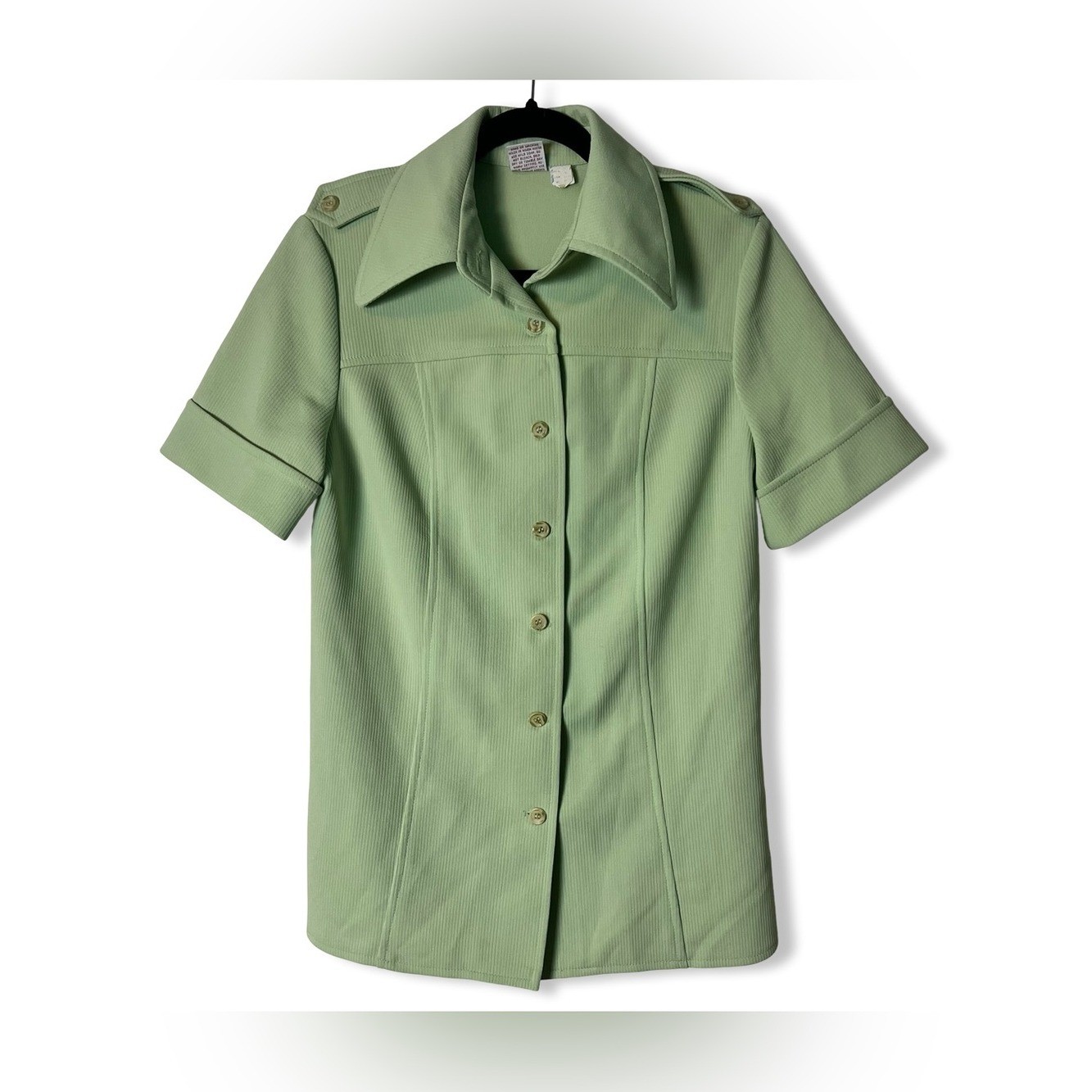 Vtg 70s Graff Californiawear Women’s Sage Green Ribbed Epaulette Blouse Top Sz M