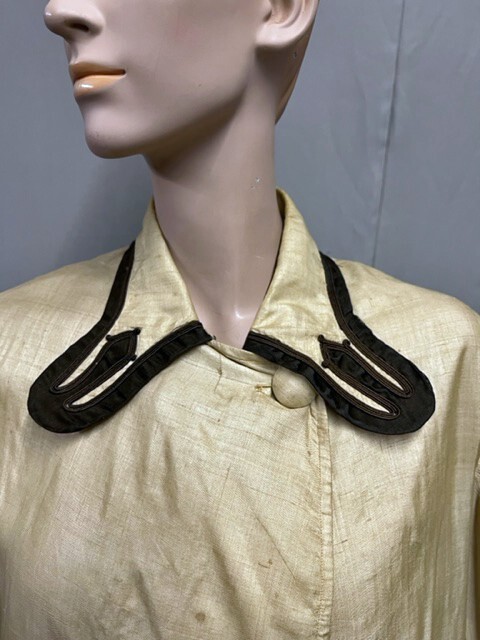 #23-269, Cream Silk Shantung Edwardian Traveling Car Coat Trimmed in Black Silk